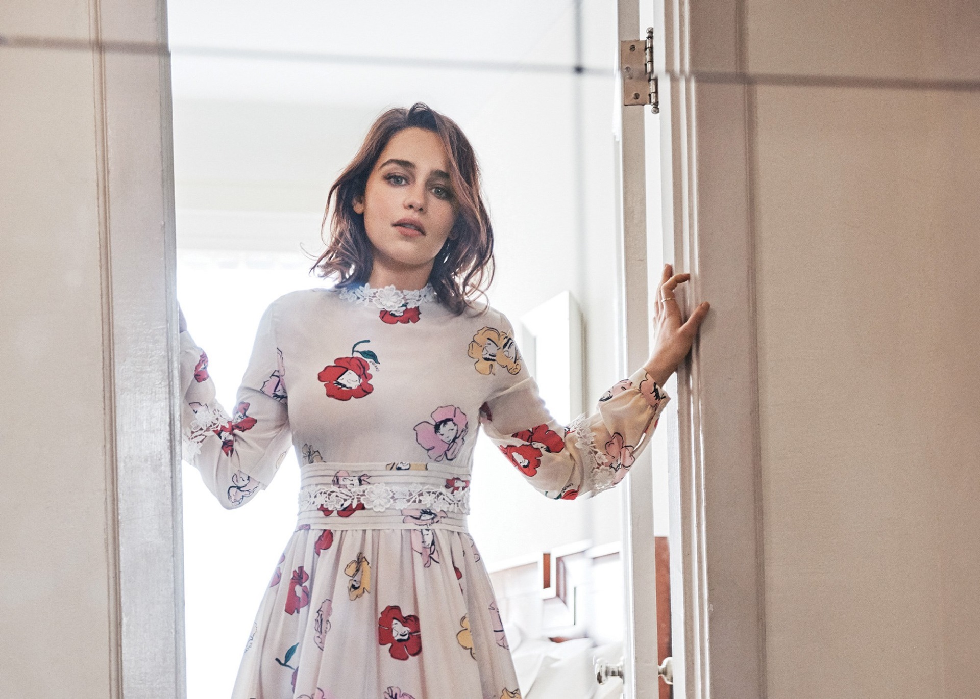 Emilia Clarke in a floral dress HD Wallpaper