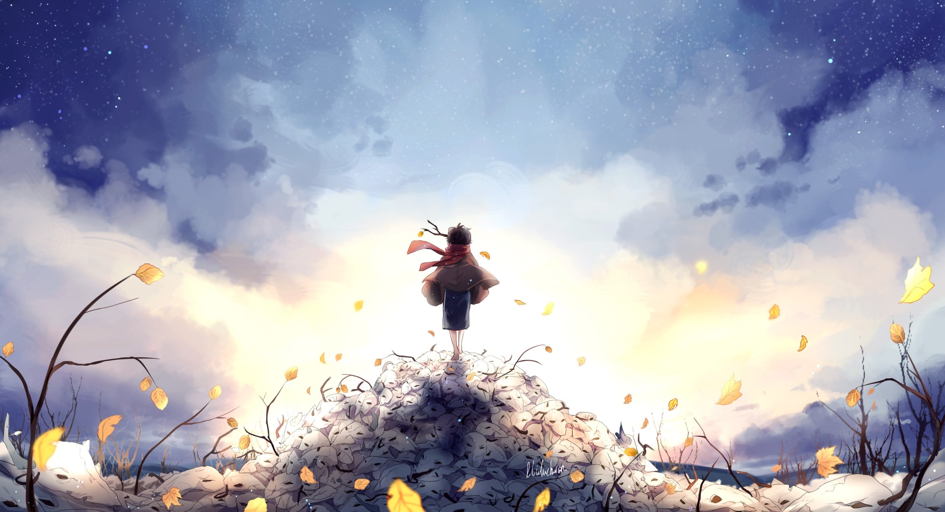 Person standing on pile of masks under starry sky HD Wallpaper