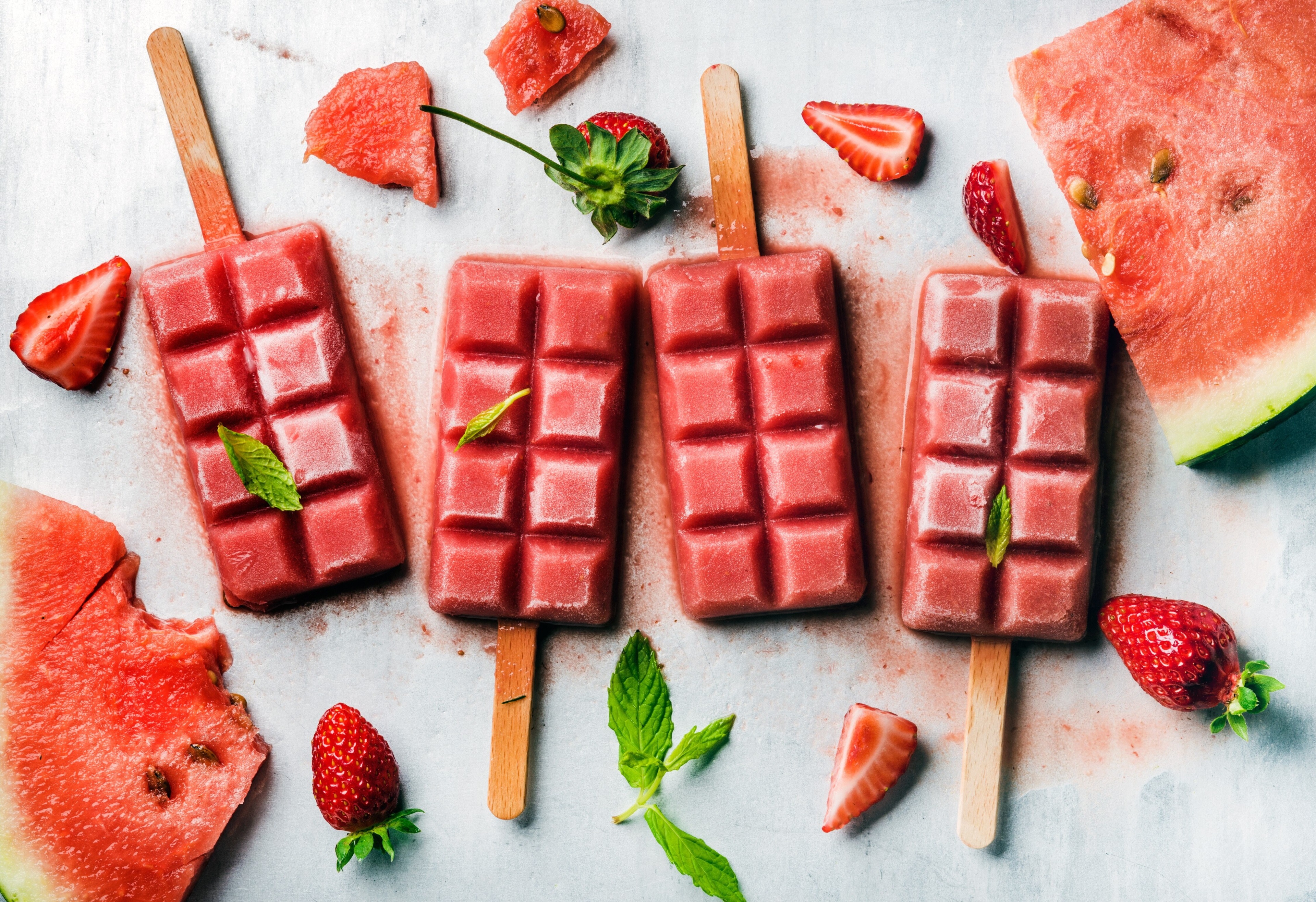 Watermelon and Strawberry Popsicles with Mint and Fruit HD Wallpaper