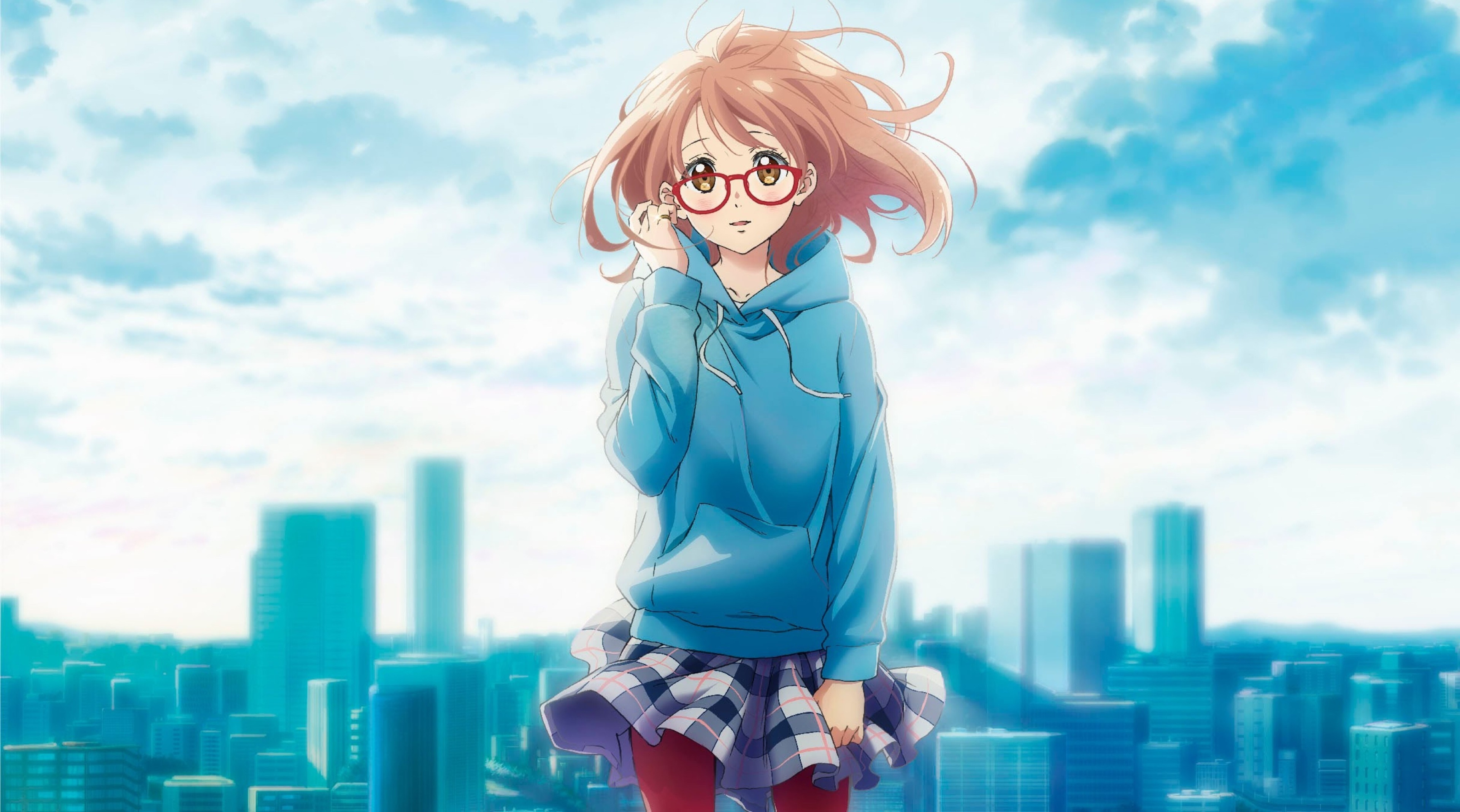 Anime girl with glasses and blue hoodie HD Wallpaper