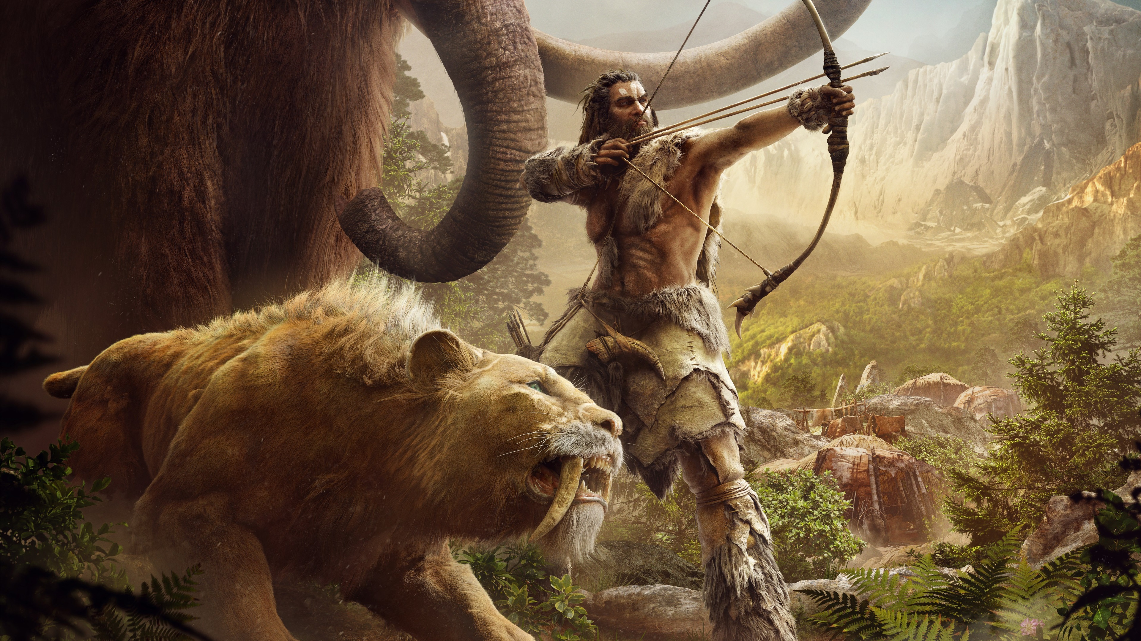 Far Cry Primal: Hunter with Saber-toothed Cat and Mammoth HD Wallpaper