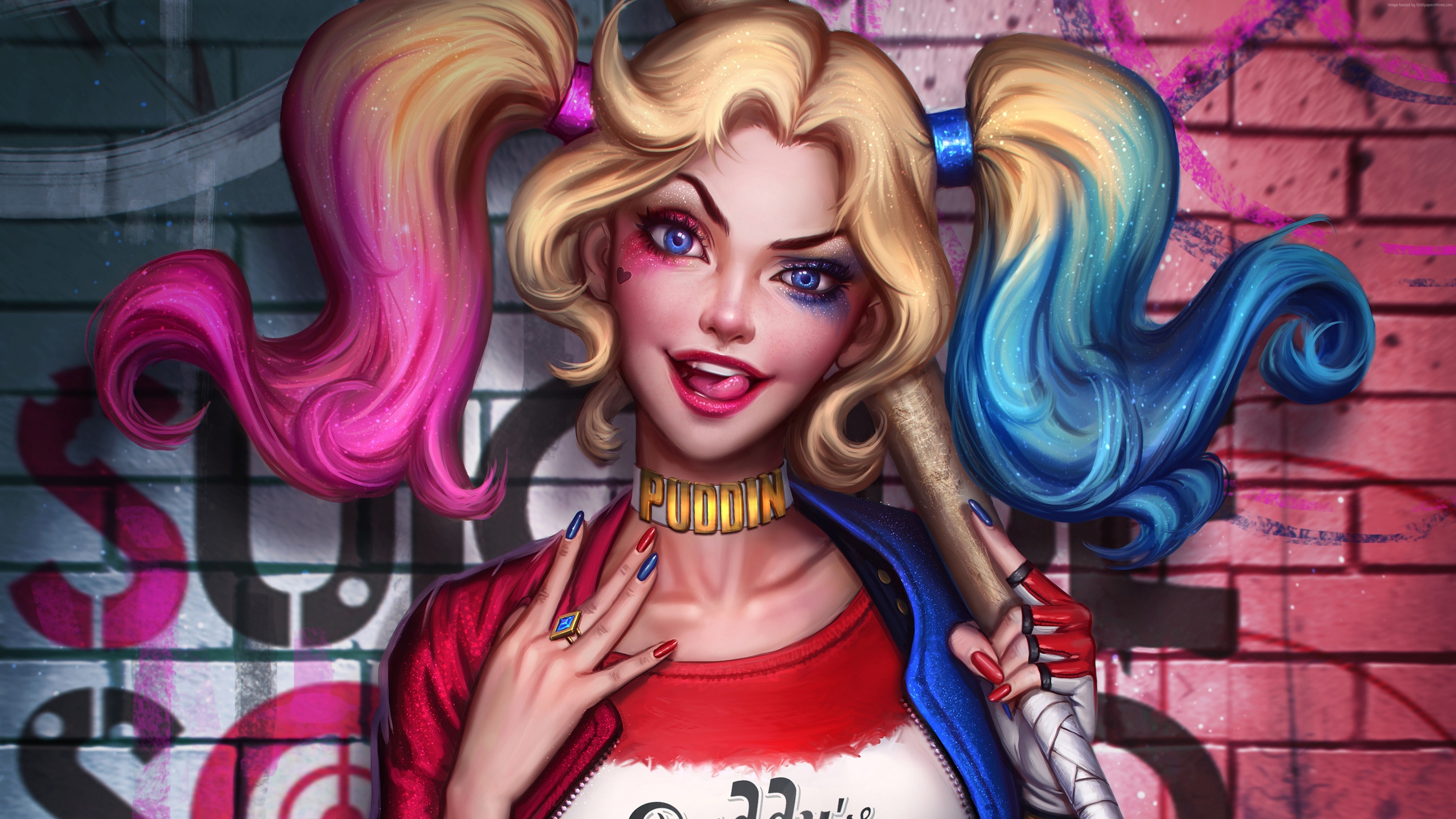 Harley Quinn with Puddin' Choker and Baseball Bat 4K HD Wallpaper