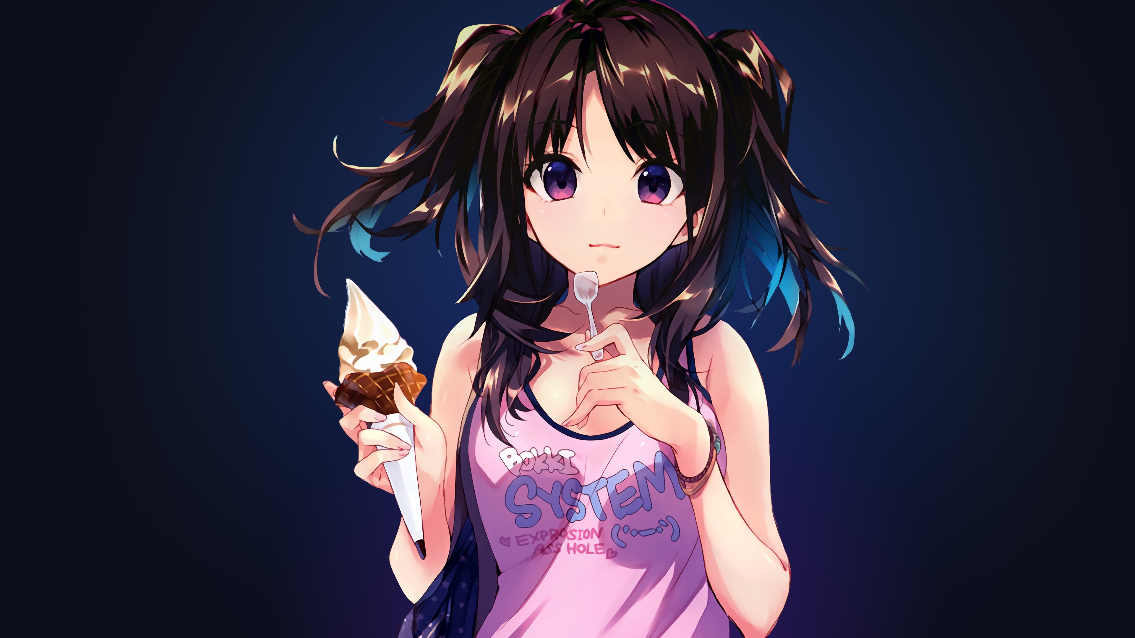 Anime girl with pigtails eating ice cream 4K HD Wallpaper