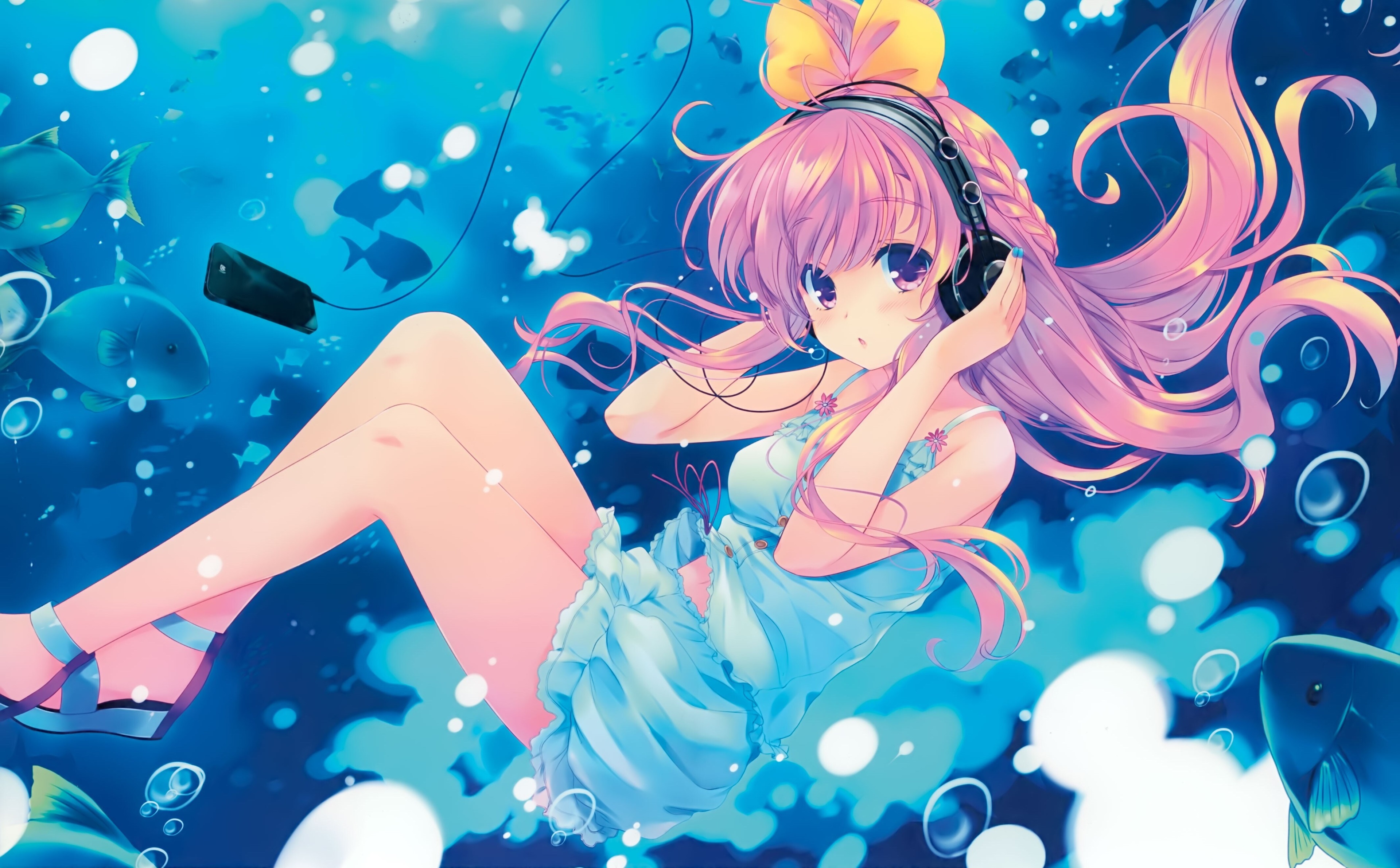 Anime girl with headphones underwater 4K HD Wallpaper