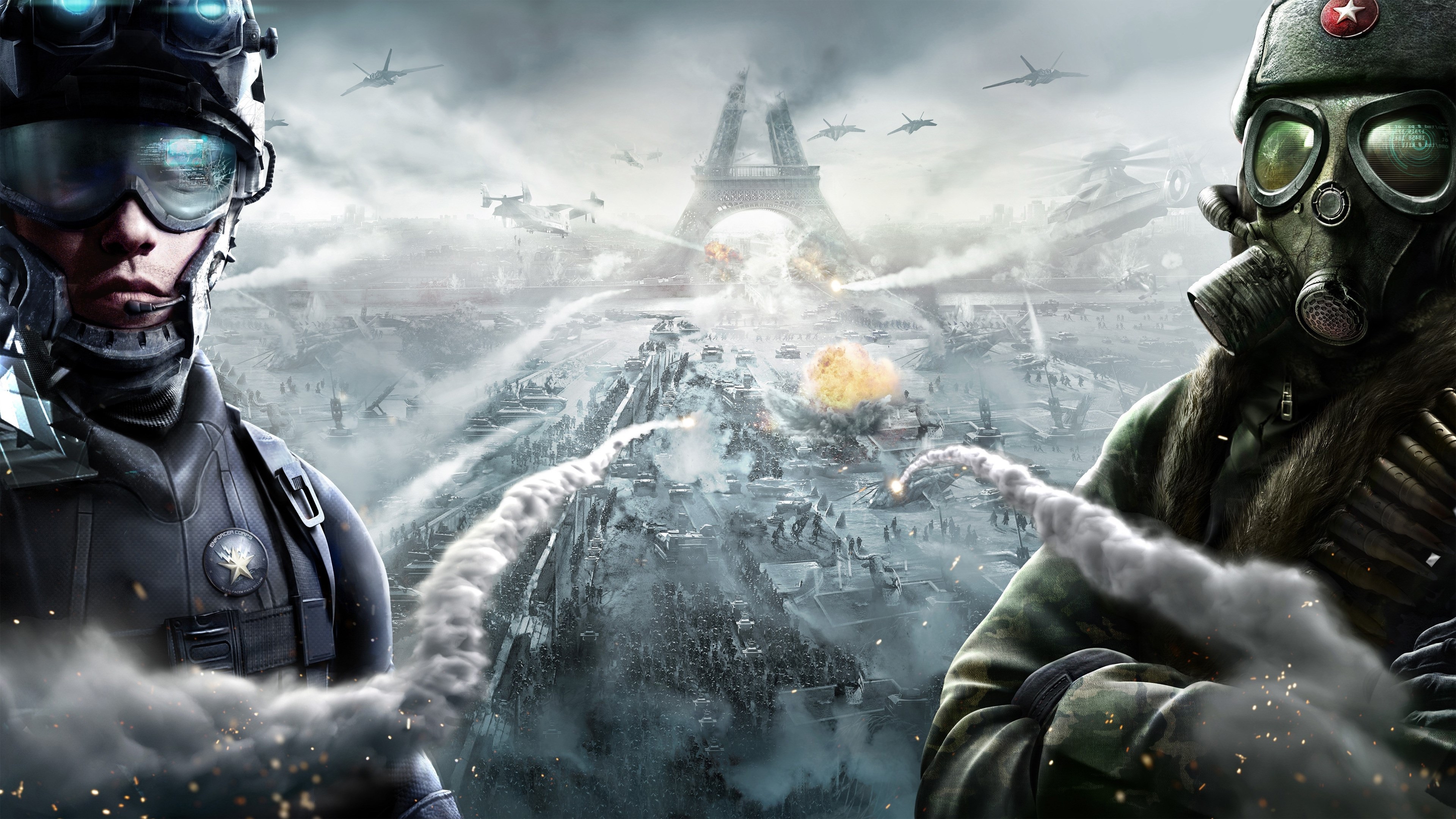 Soldiers in war-torn Paris with Eiffel Tower HD Wallpaper