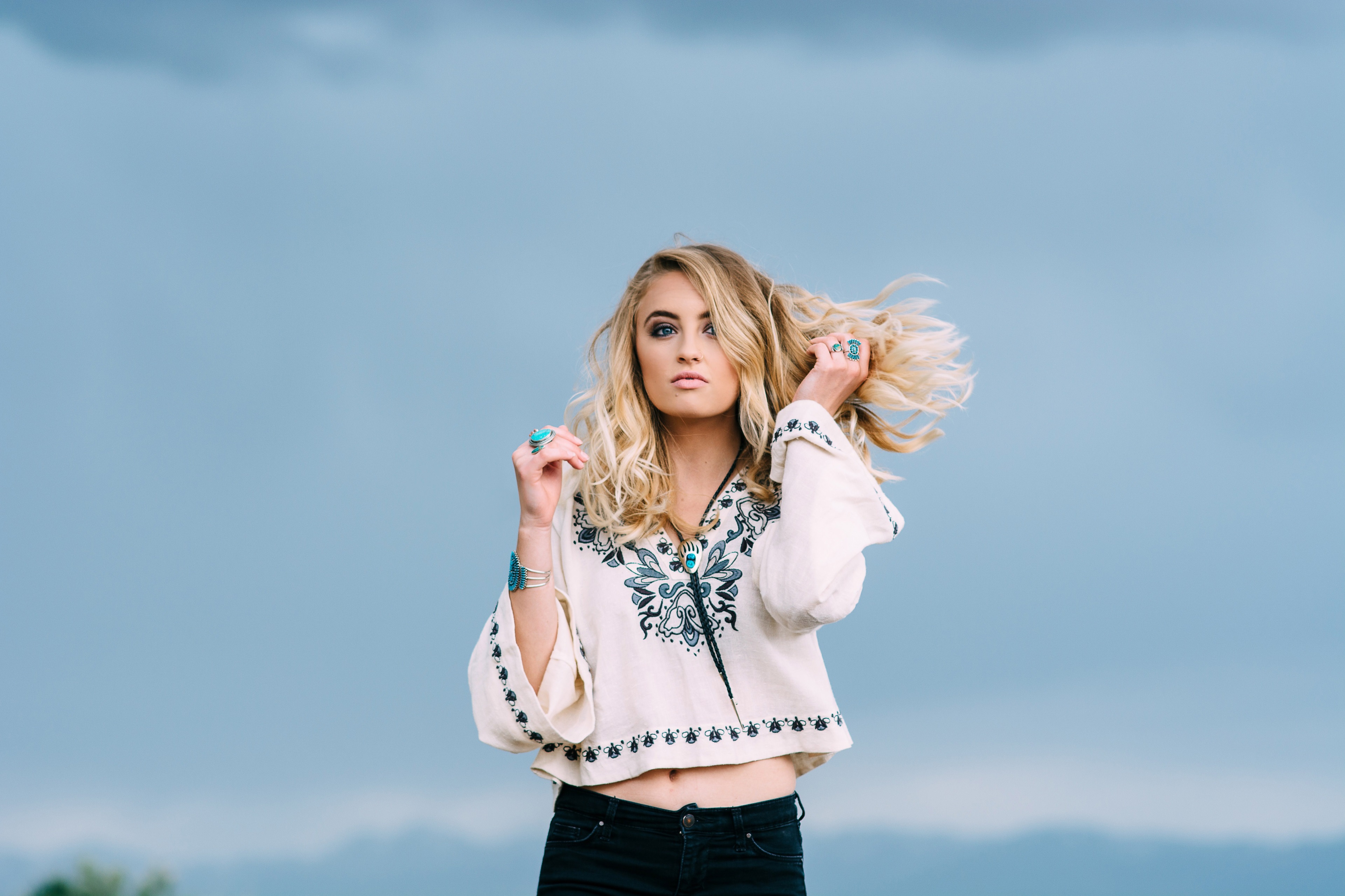 Blonde Woman in White Patterned Blouse 4K HD Wallpaper