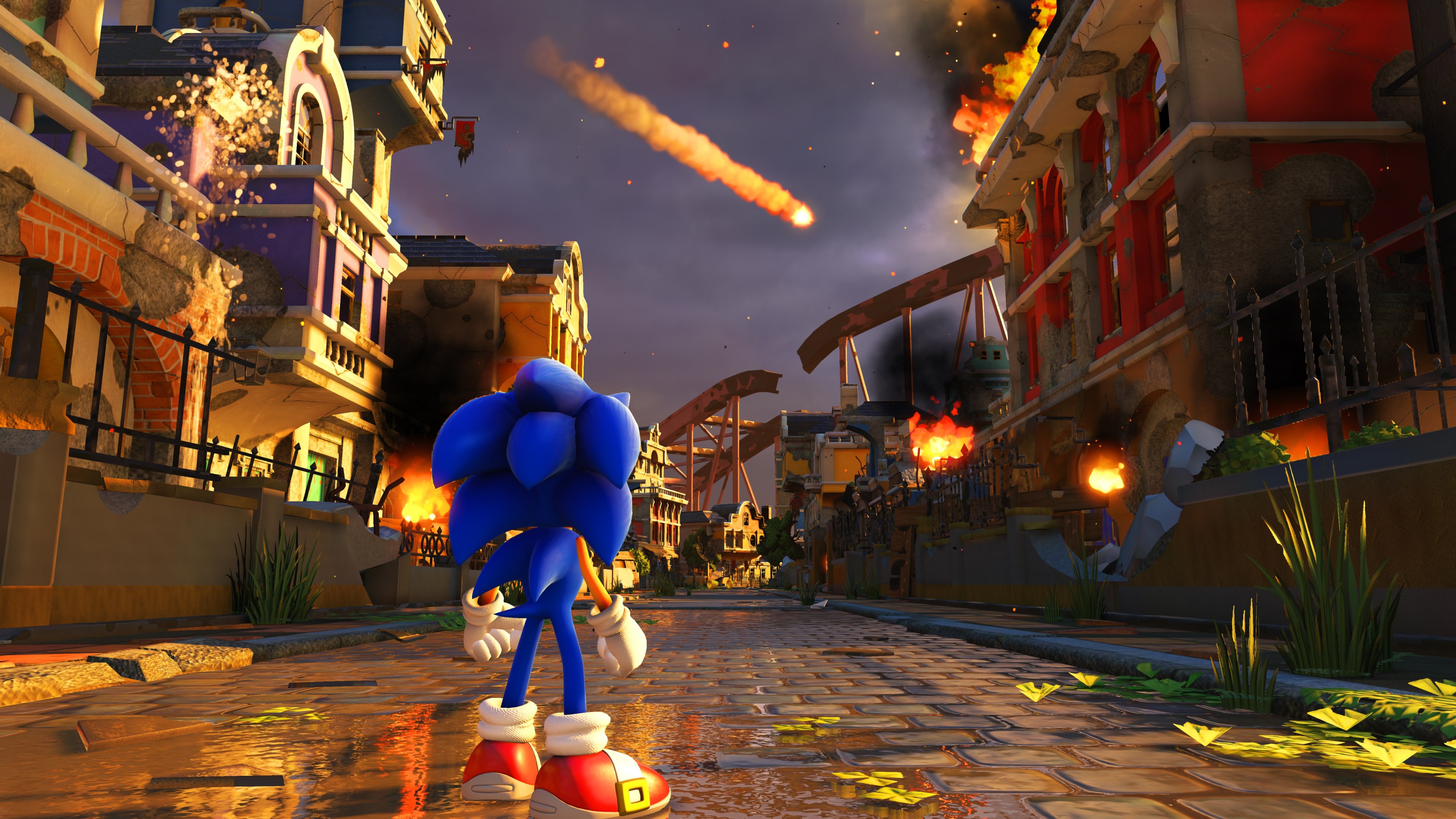 Sonic the Hedgehog from Sonic Forces in a burning city HD Wallpaper