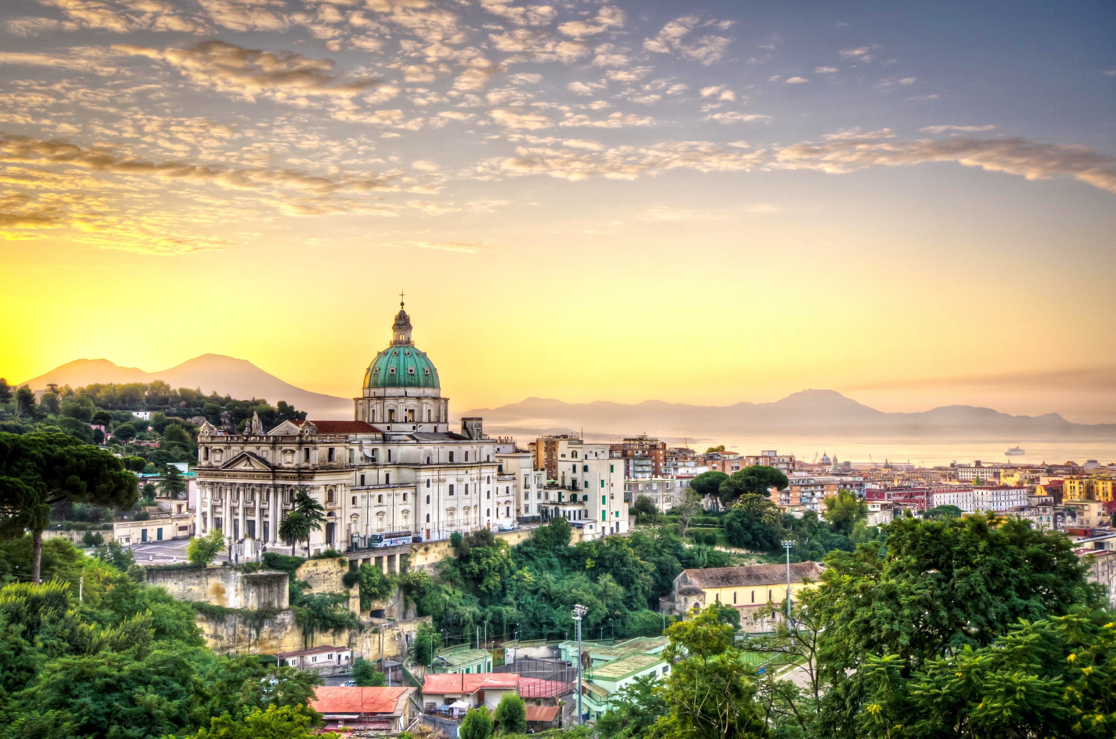 Naples cityscape with church and Vesuvius at sunrise HD Wallpaper