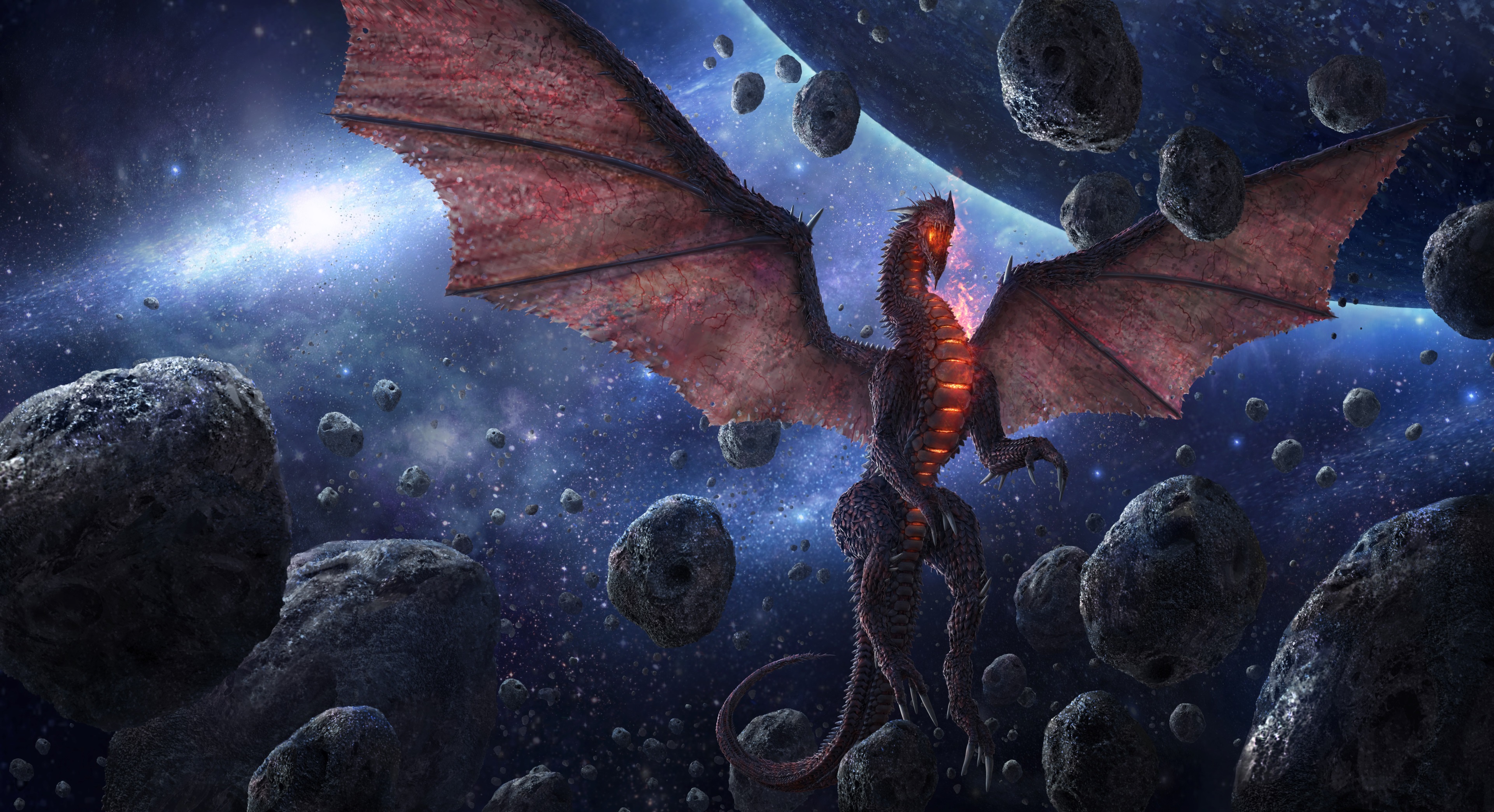 Dragon in a cosmic asteroid field HD Wallpaper
