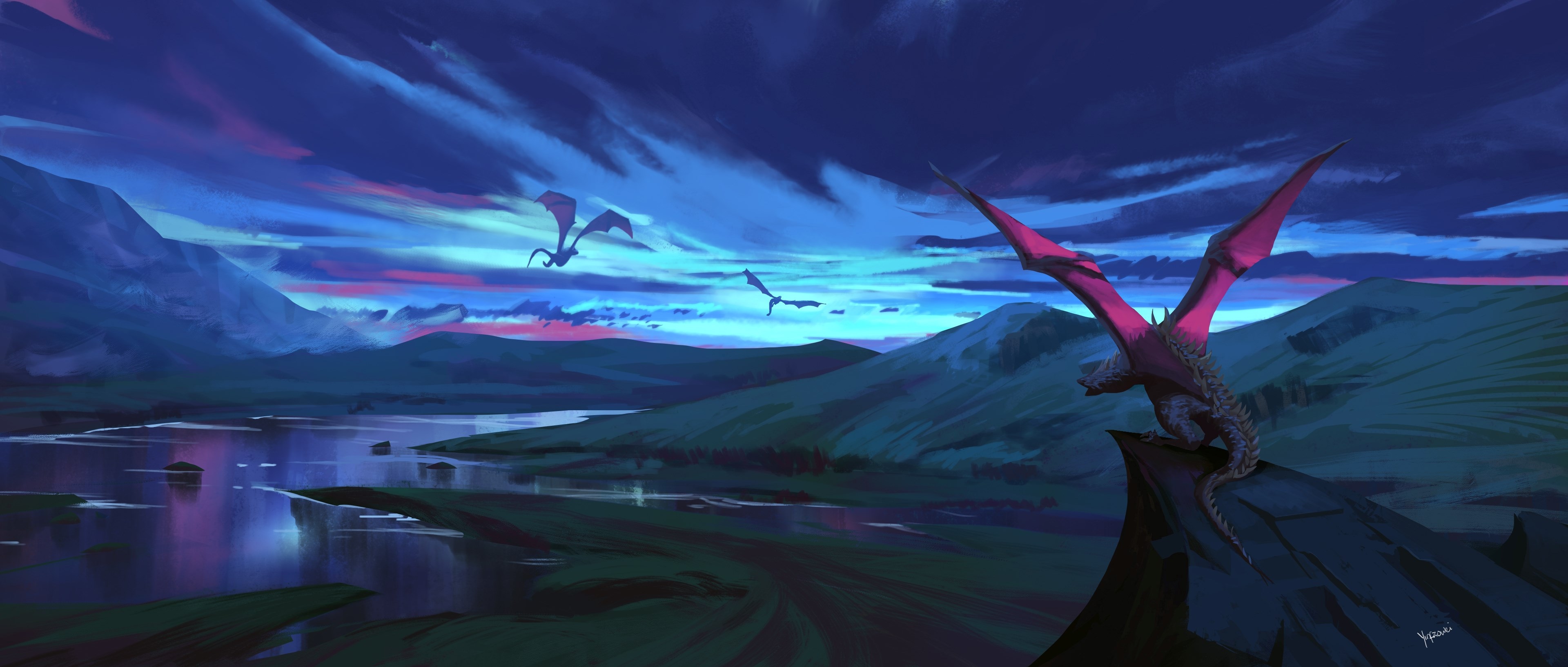 Dragons flying over a lake at dusk HD Wallpaper