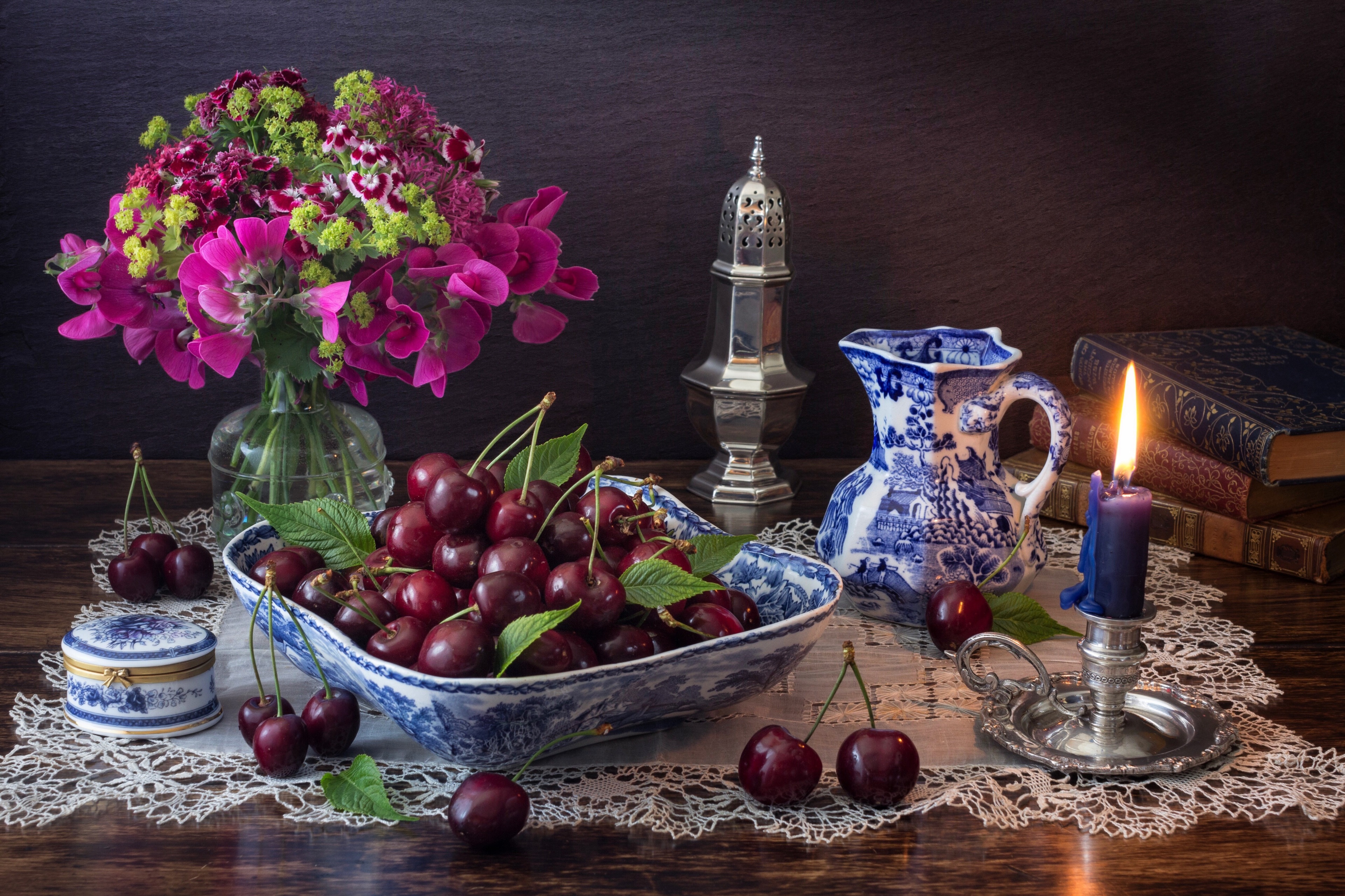 Still life with cherries and flowers HD Wallpaper
