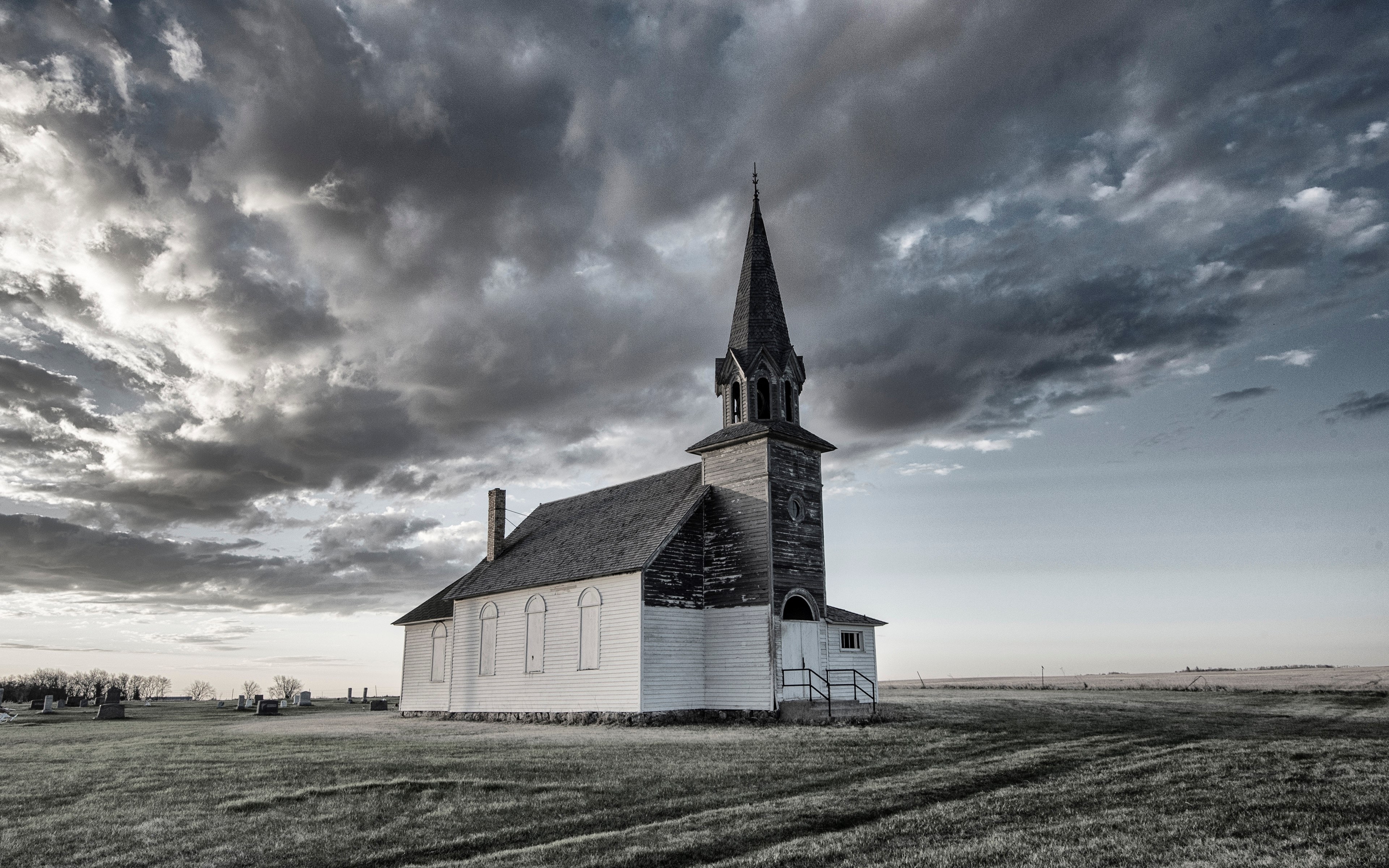 Isolated Church Under Dramatic Cloudy Sky 4K HD Wallpaper