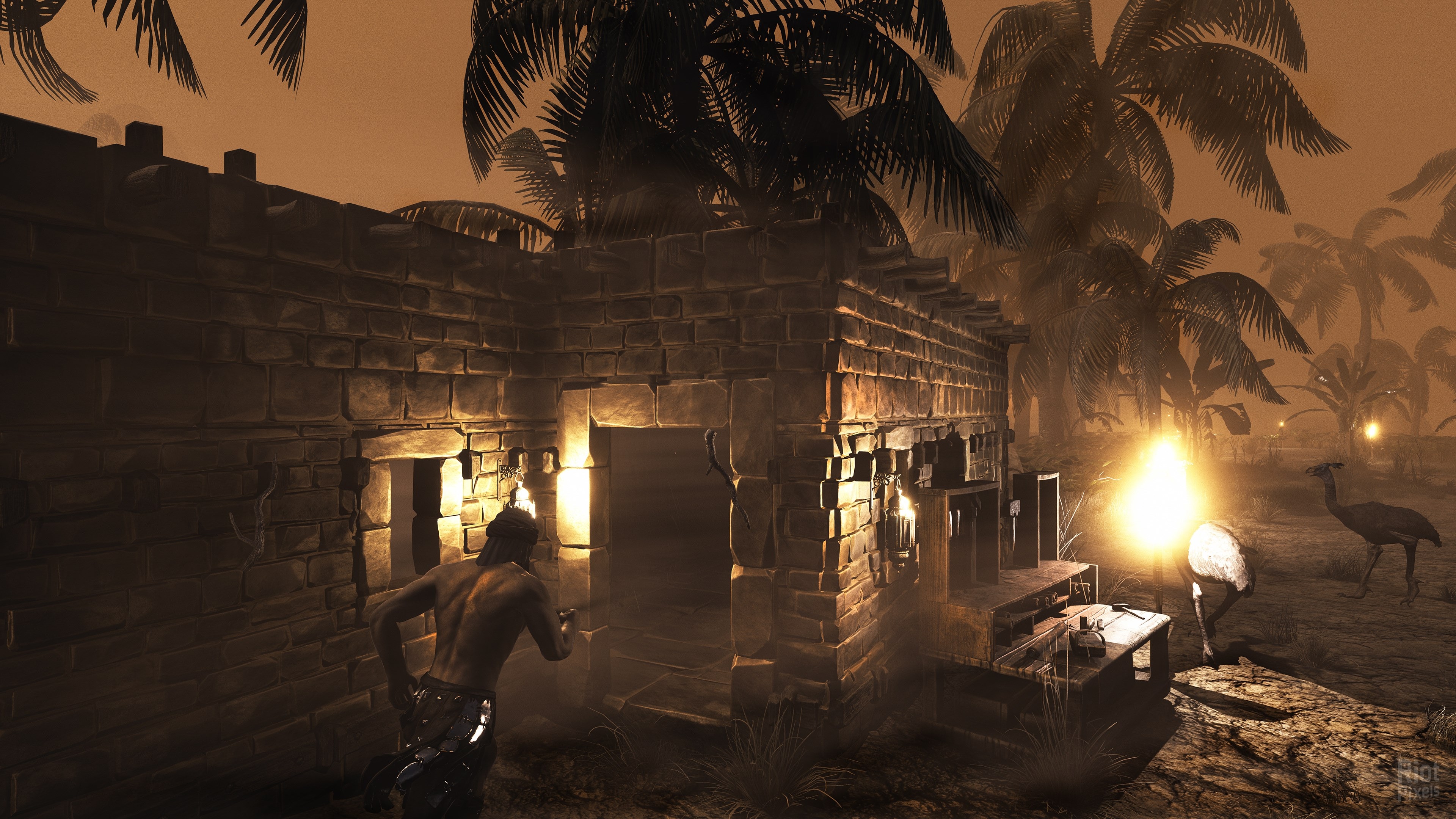 Man in Conan Exiles near stone building with palm trees HD Wallpaper