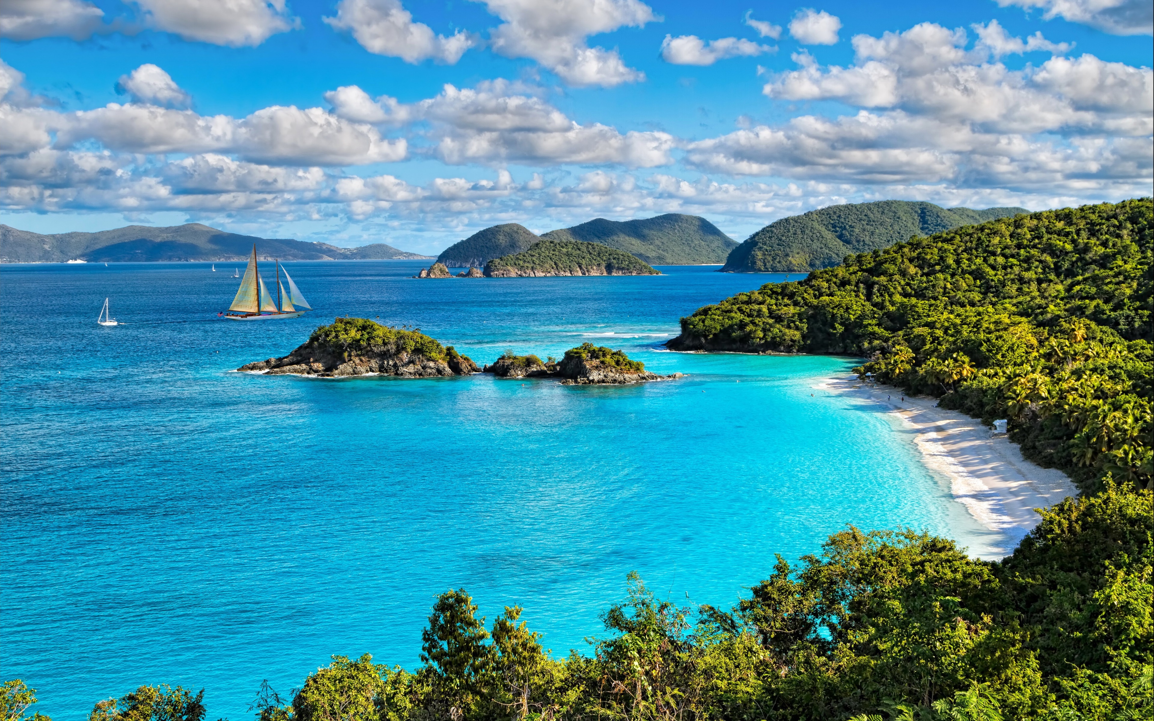 Ocean landscape with sailboats and islands 4K HD Wallpaper