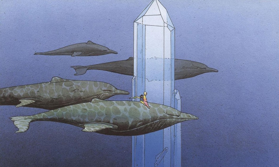 Moebius artwork of whales and crystals HD Wallpaper