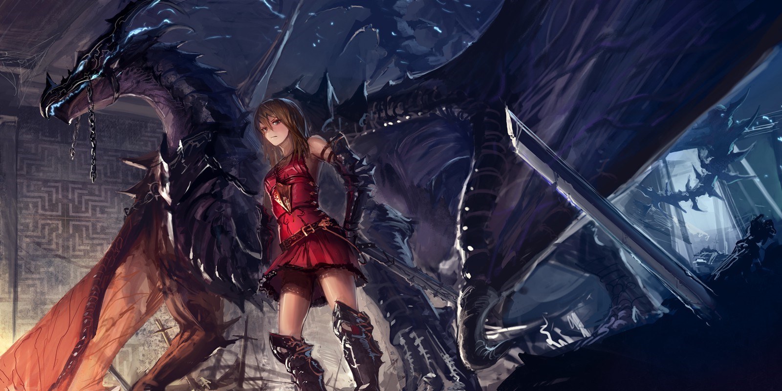 Anime girl in red dress with dragons HD Wallpaper