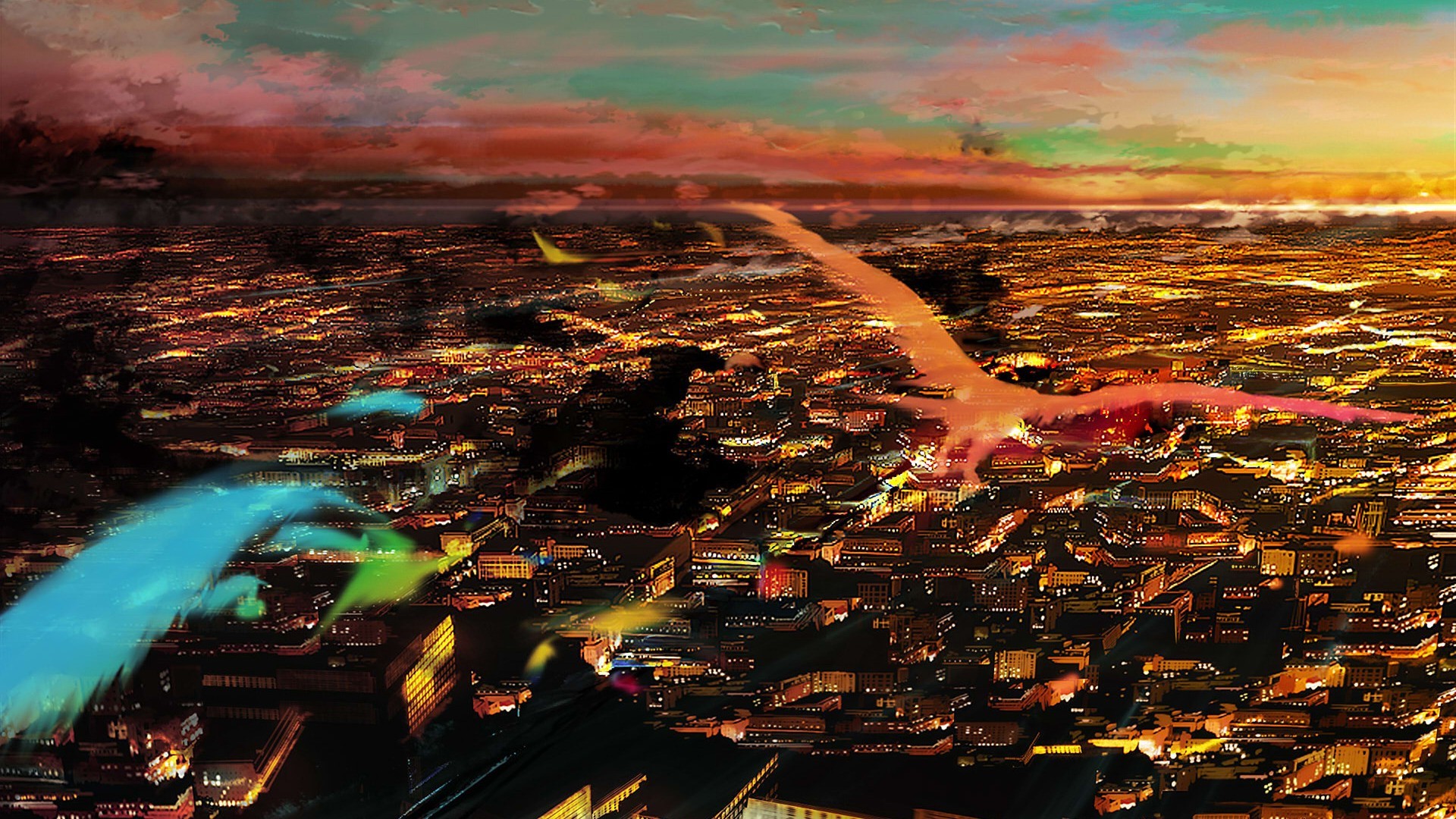Fantasy city spirits flying over a city at sunset HD Wallpaper