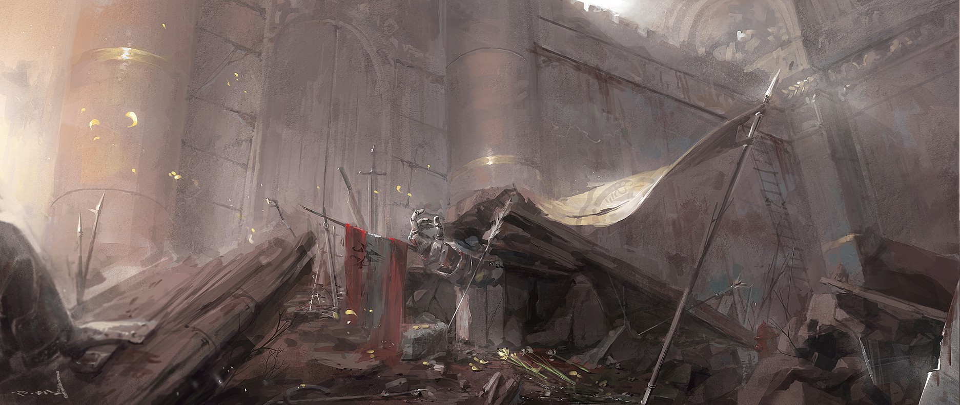 Ruined ancient building with weapons and banners HD Wallpaper