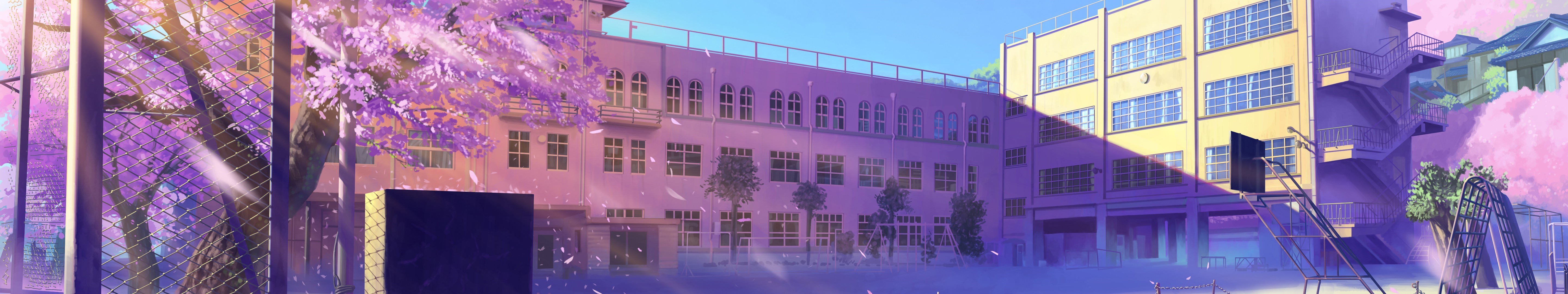 Anime schoolyard with cherry blossoms HD Wallpaper