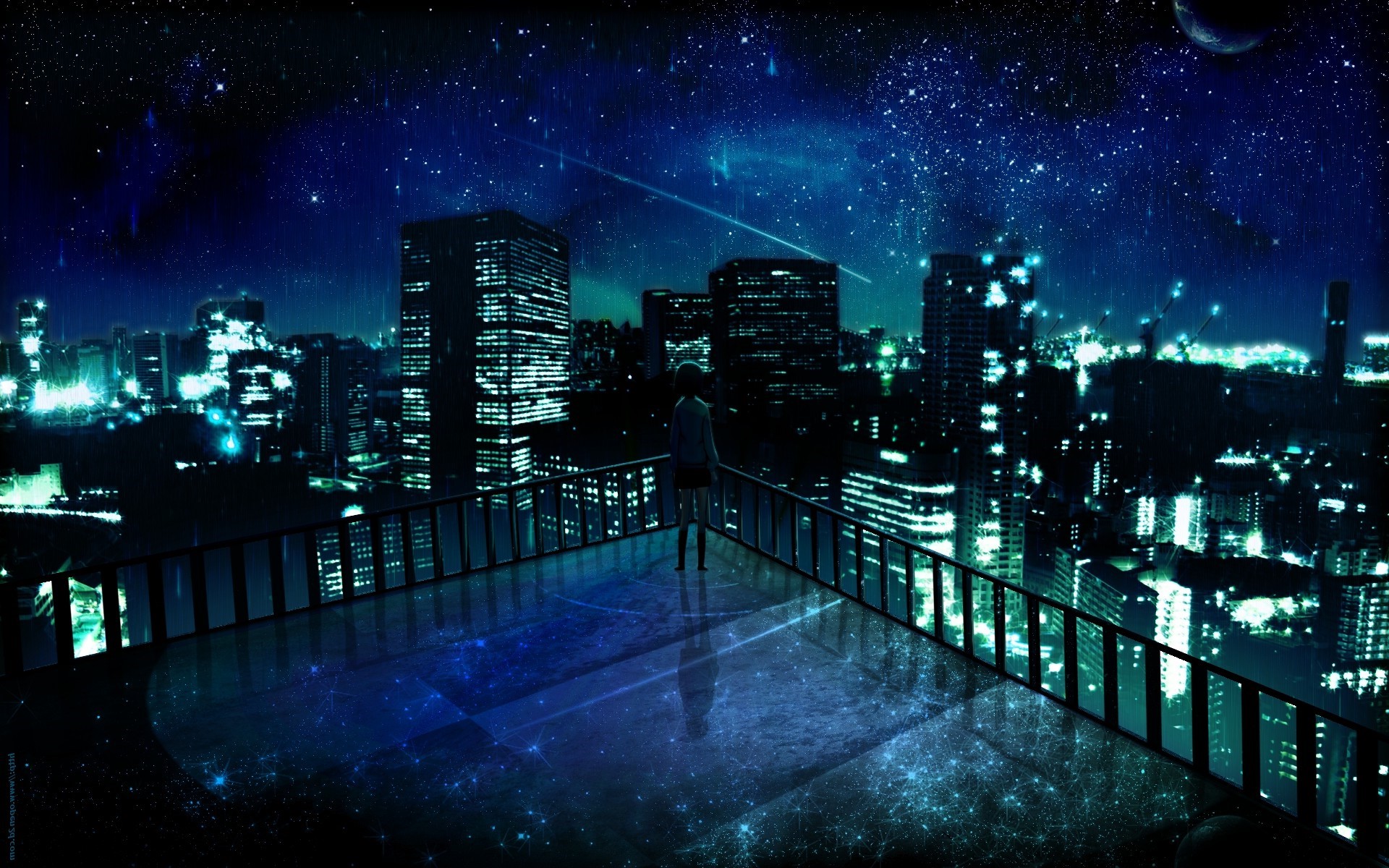 Anime girl on rooftop overlooking city skyline at night HD Wallpaper