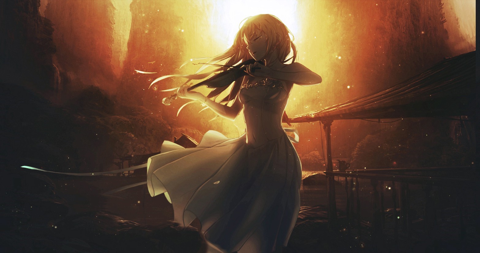 Miyazono Kaori from Shigatsu wa Kimi no Uso playing violin at sunset HD Wallpaper
