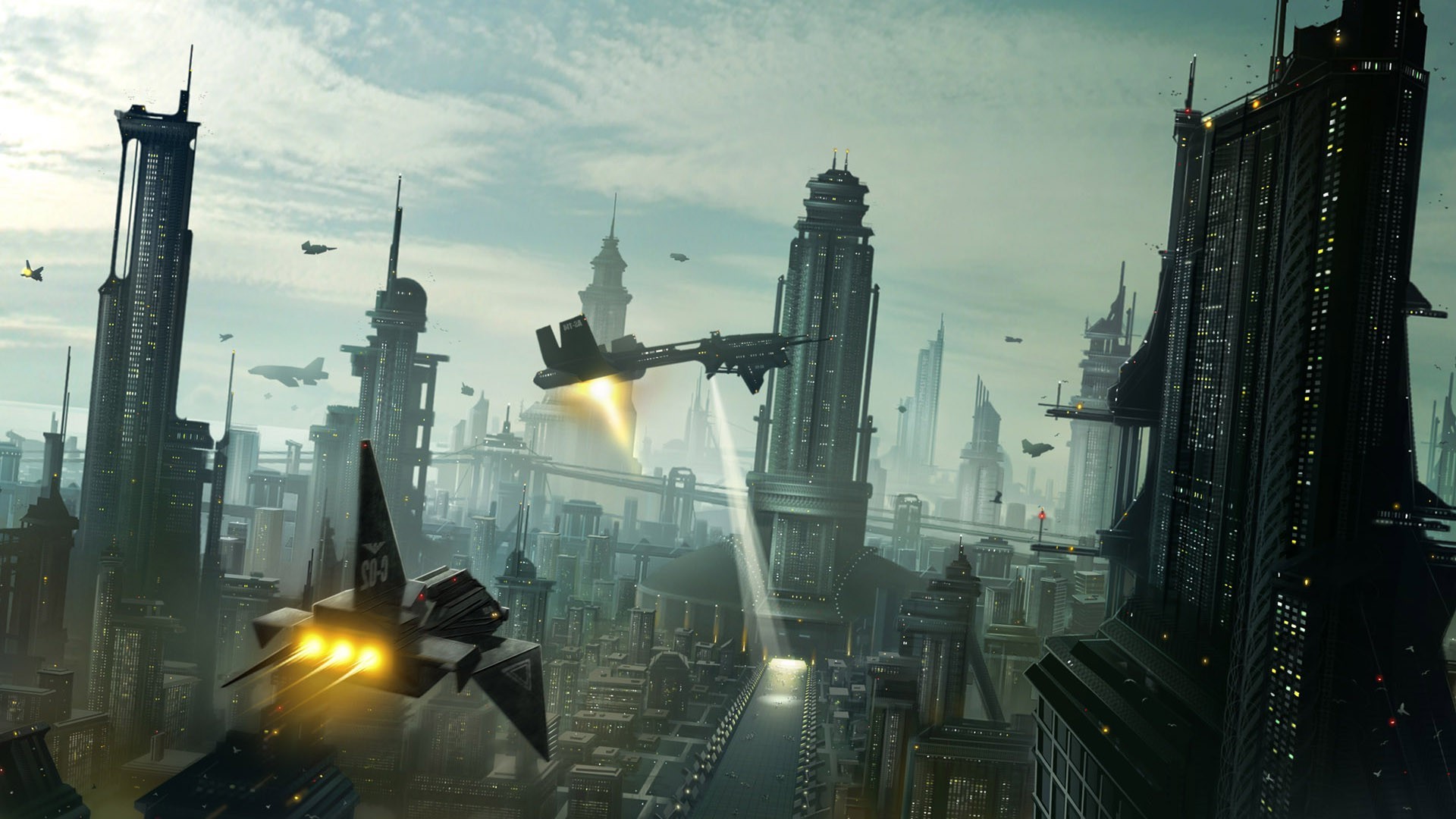 Futuristic city with flying spaceships HD Wallpaper
