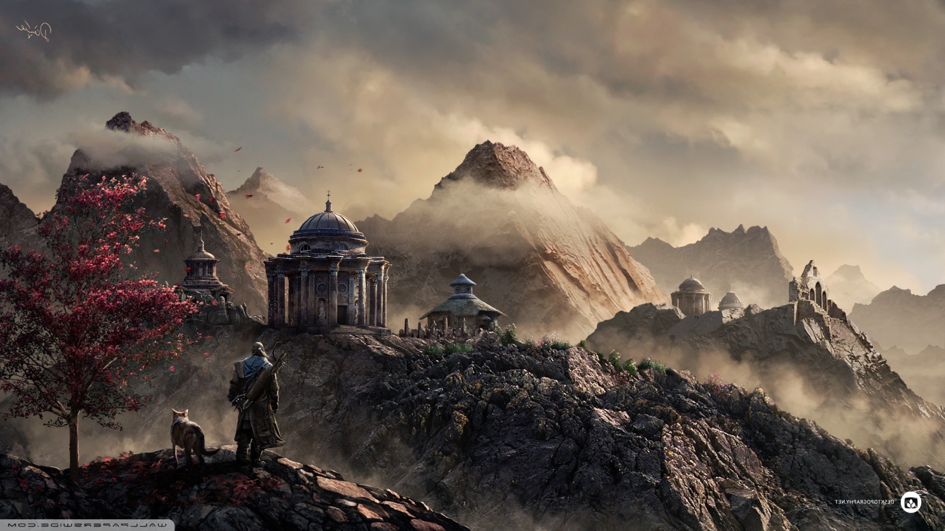 Fantasy landscape with ancient ruins and a lone archer HD Wallpaper