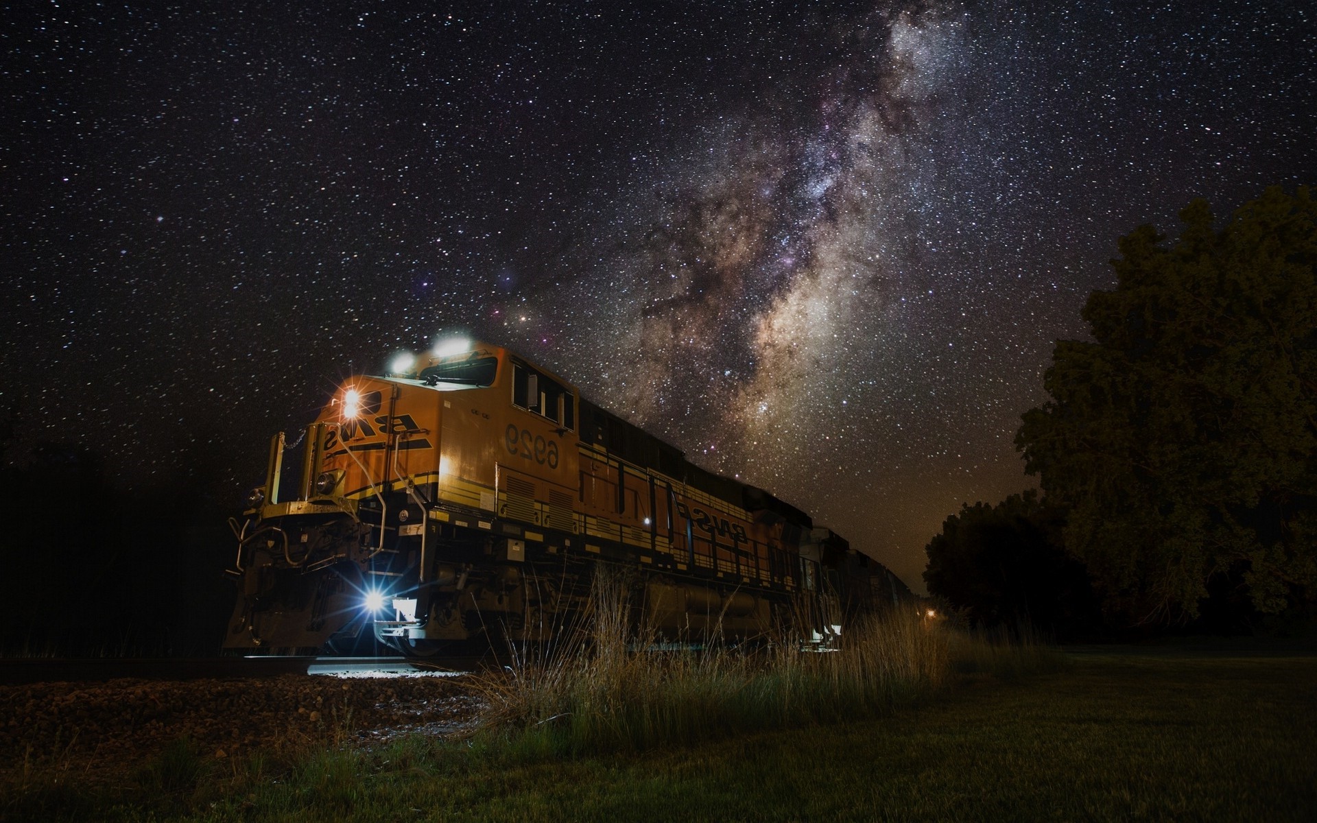 Diesel Train Under the Milky Way Night Sky HD Wallpaper