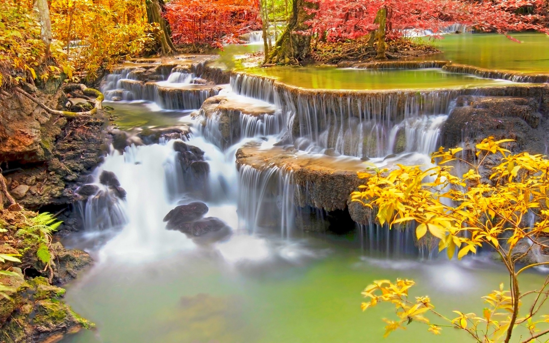 Colorful Waterfall with Autumn Trees in Thailand HD Wallpaper