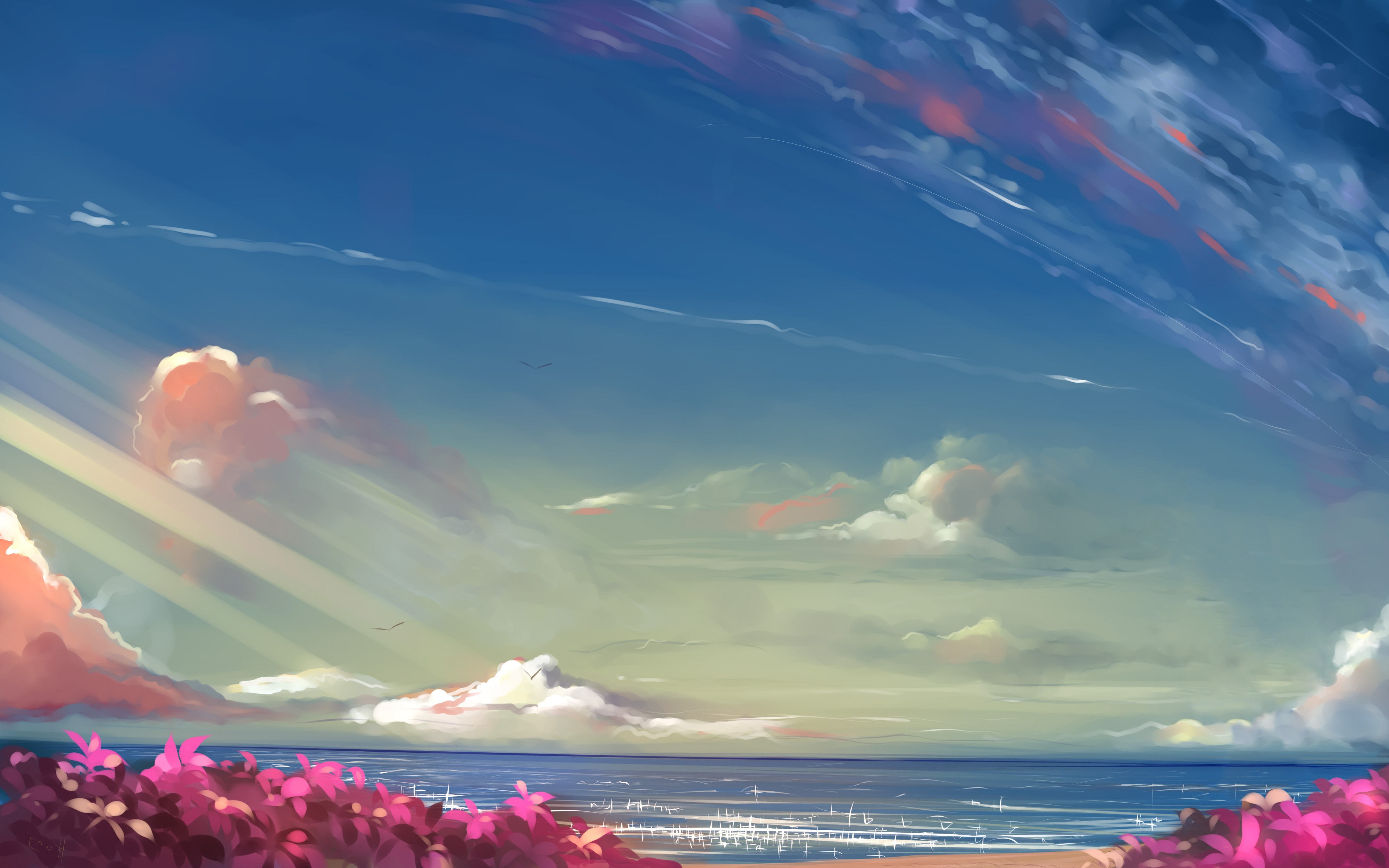 Anime landscape with clouds and ocean HD Wallpaper
