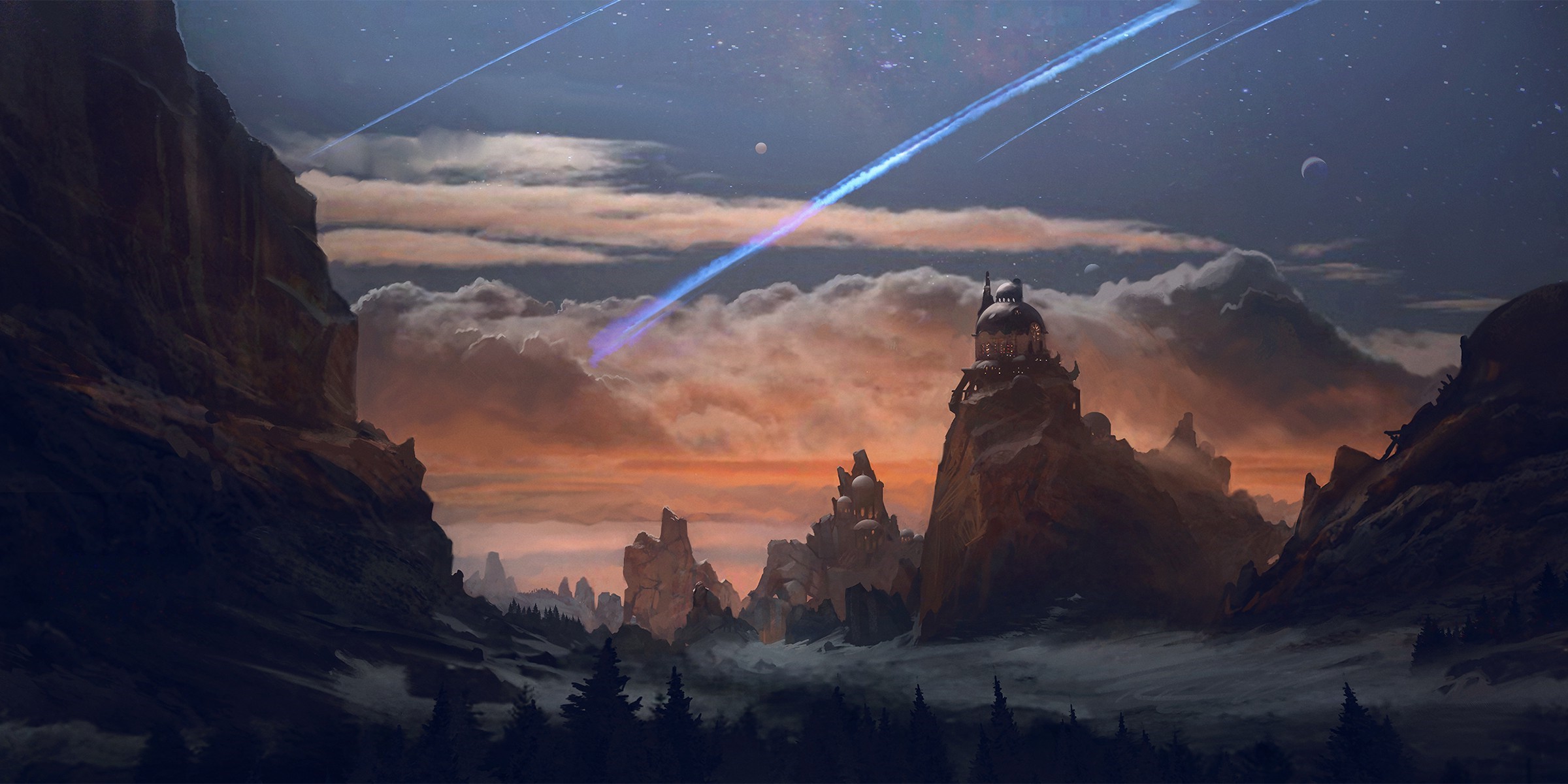 Fantasy landscape with mountains, clouds, and shooting stars HD Wallpaper