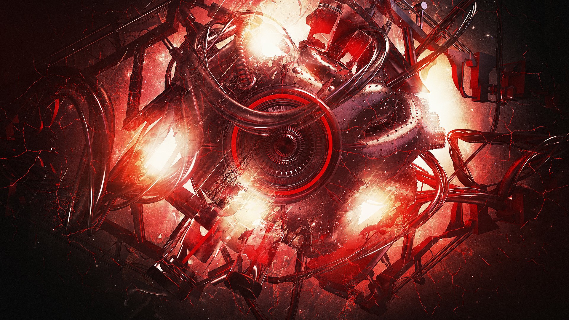 Abstract glowing red machine with pipes and sphere HD Wallpaper