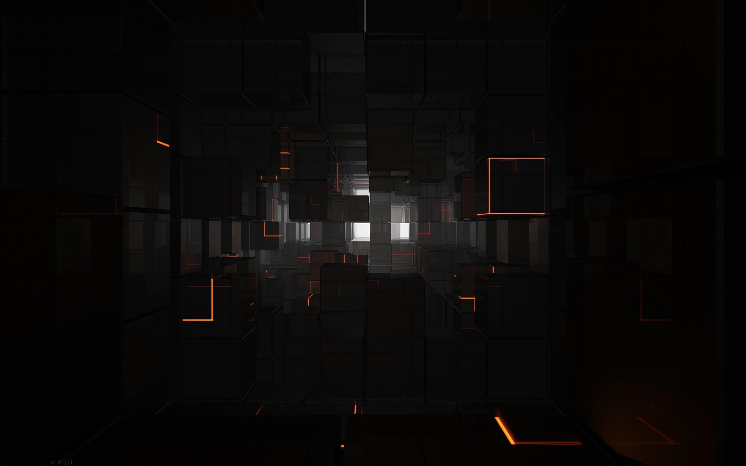 Dark 3D cubes with orange and white light HD Wallpaper