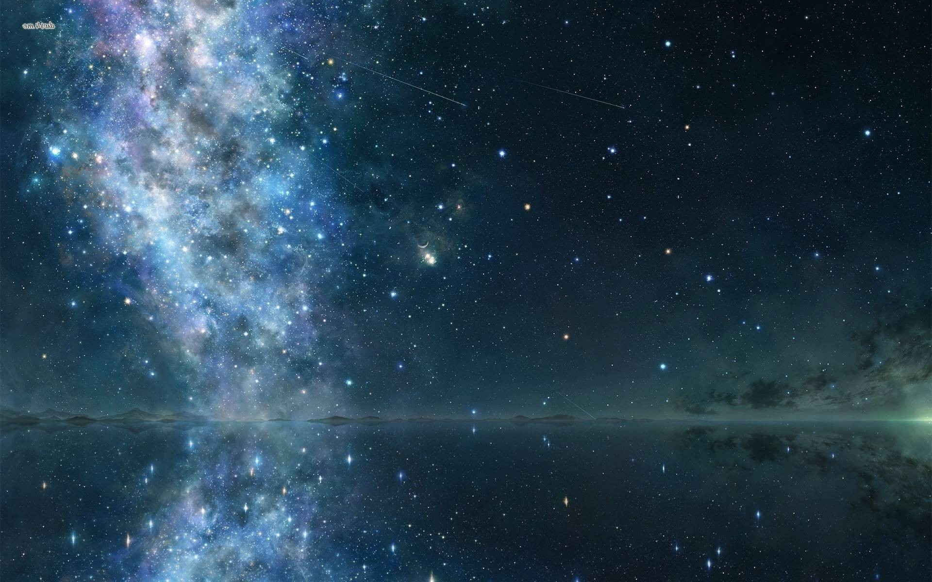 Starry night sky reflected in calm water HD Wallpaper