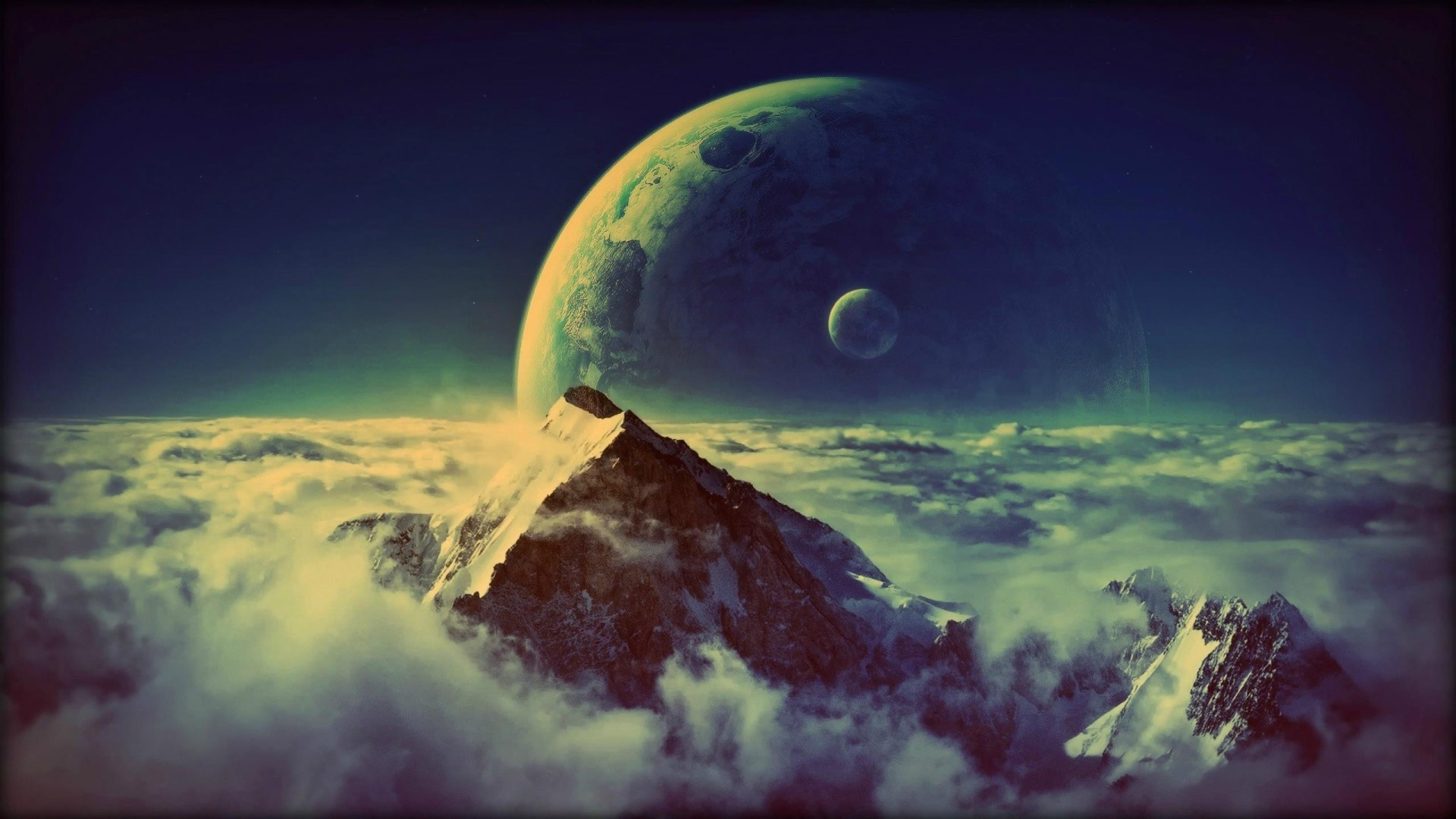Planet and Moon over Snowy Mountains and Clouds HD Wallpaper