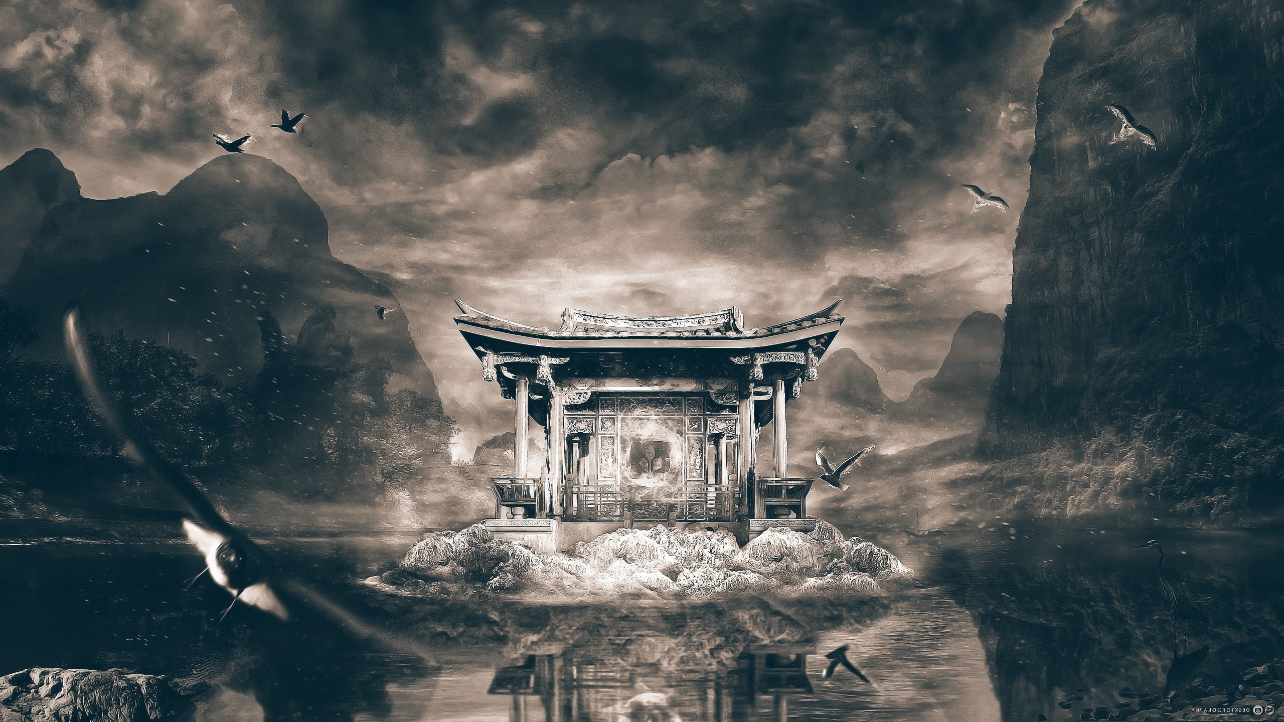 Fantasy temple art with birds and mountains HD Wallpaper