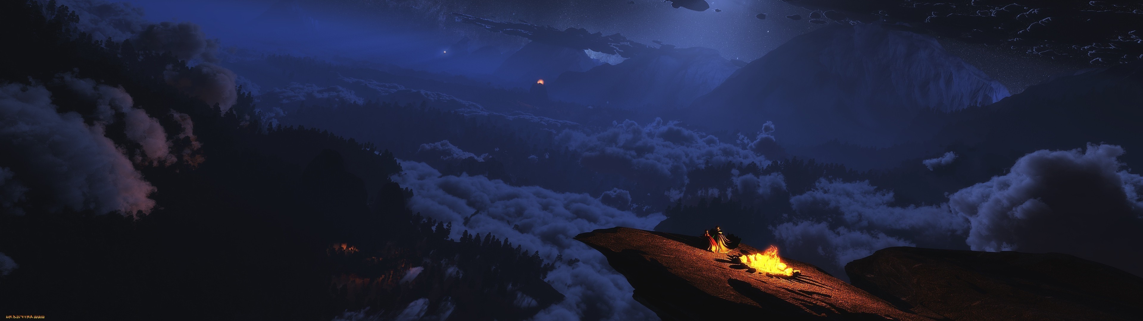 Fantasy art night landscape with campfire HD Wallpaper