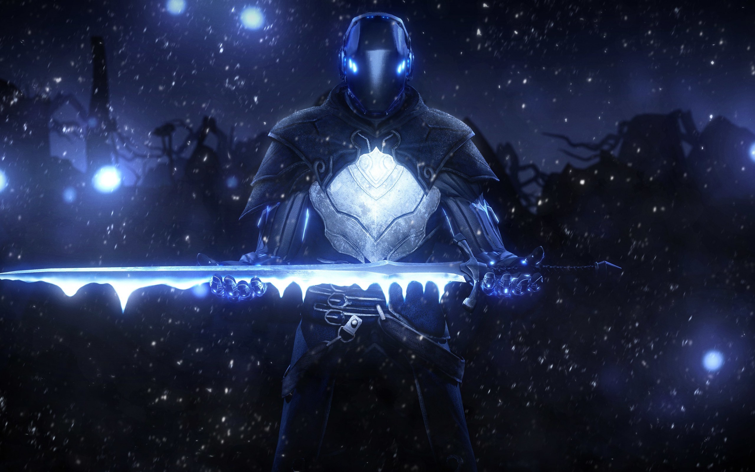 Warrior in armor with glowing ice sword HD Wallpaper