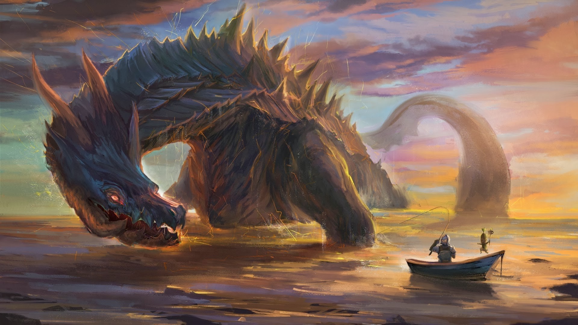 Dragon and fishermen at sunset HD Wallpaper