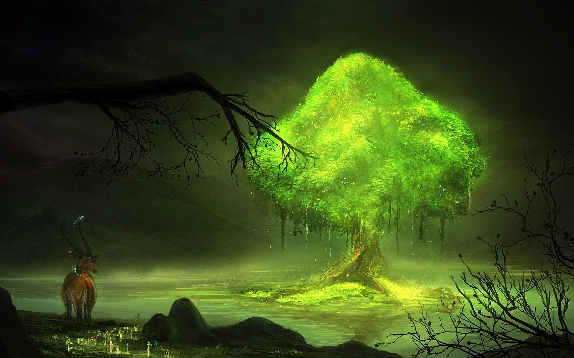 Glowing Tree by Mystic Lake at Night HD Wallpaper