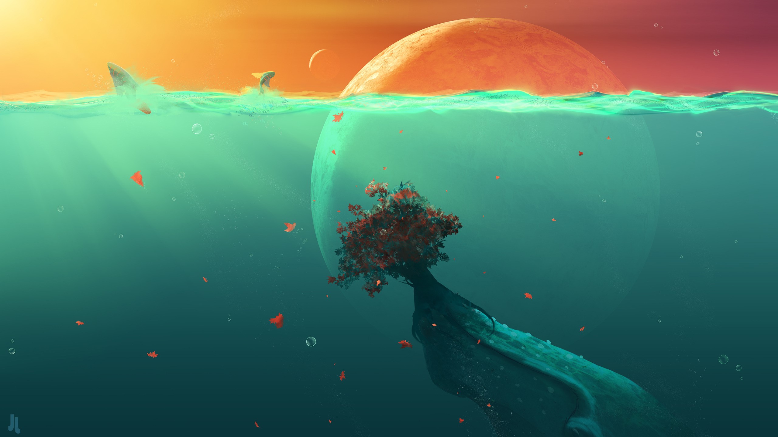 Underwater fantasy art with planets and sharks HD Wallpaper