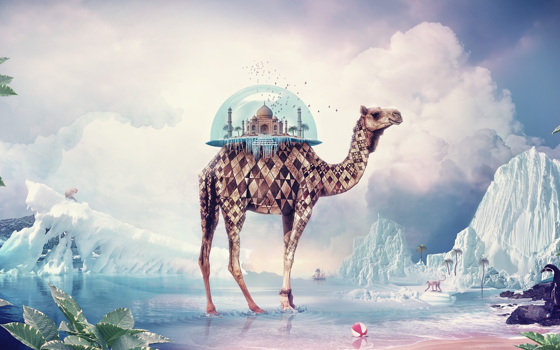 Surreal camel carrying Taj Mahal in an icy landscape HD Wallpaper