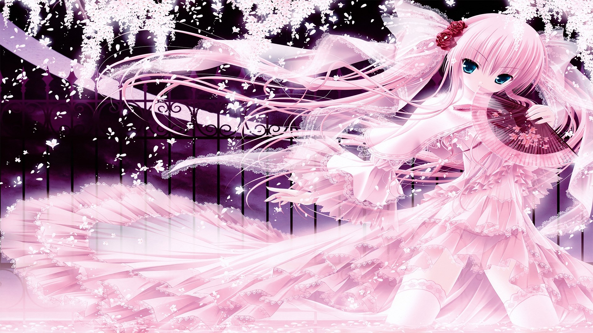 Anime girl with pink hair and blue eyes holding a fan HD Wallpaper