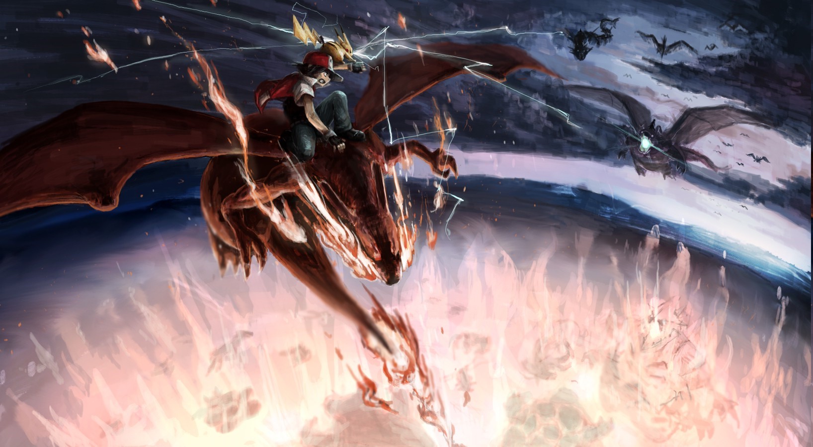 Red and Pikachu riding Charizard in a Pokemon battle HD Wallpaper