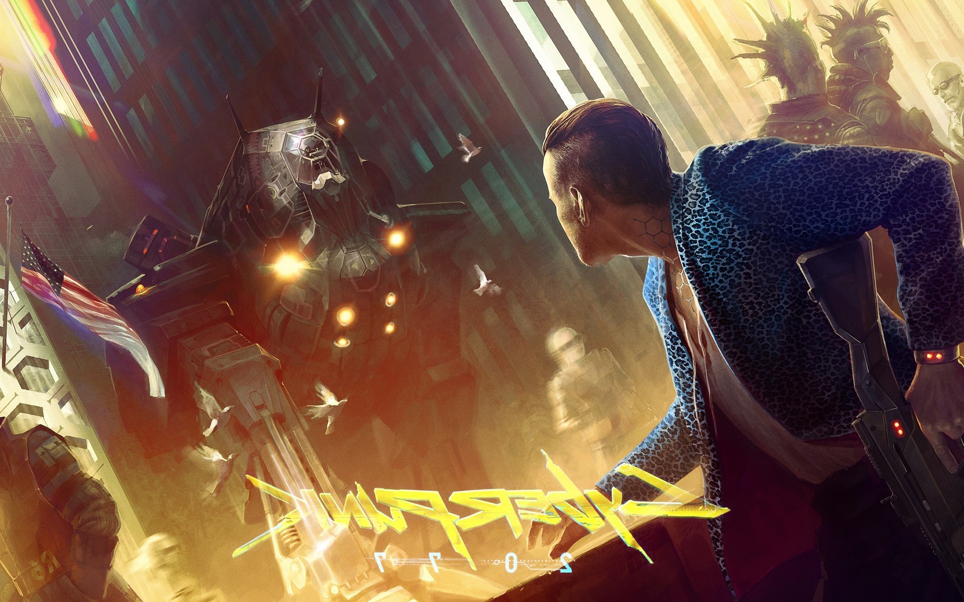 Artwork from Cyberpunk 2077 featuring a mech and characters HD Wallpaper