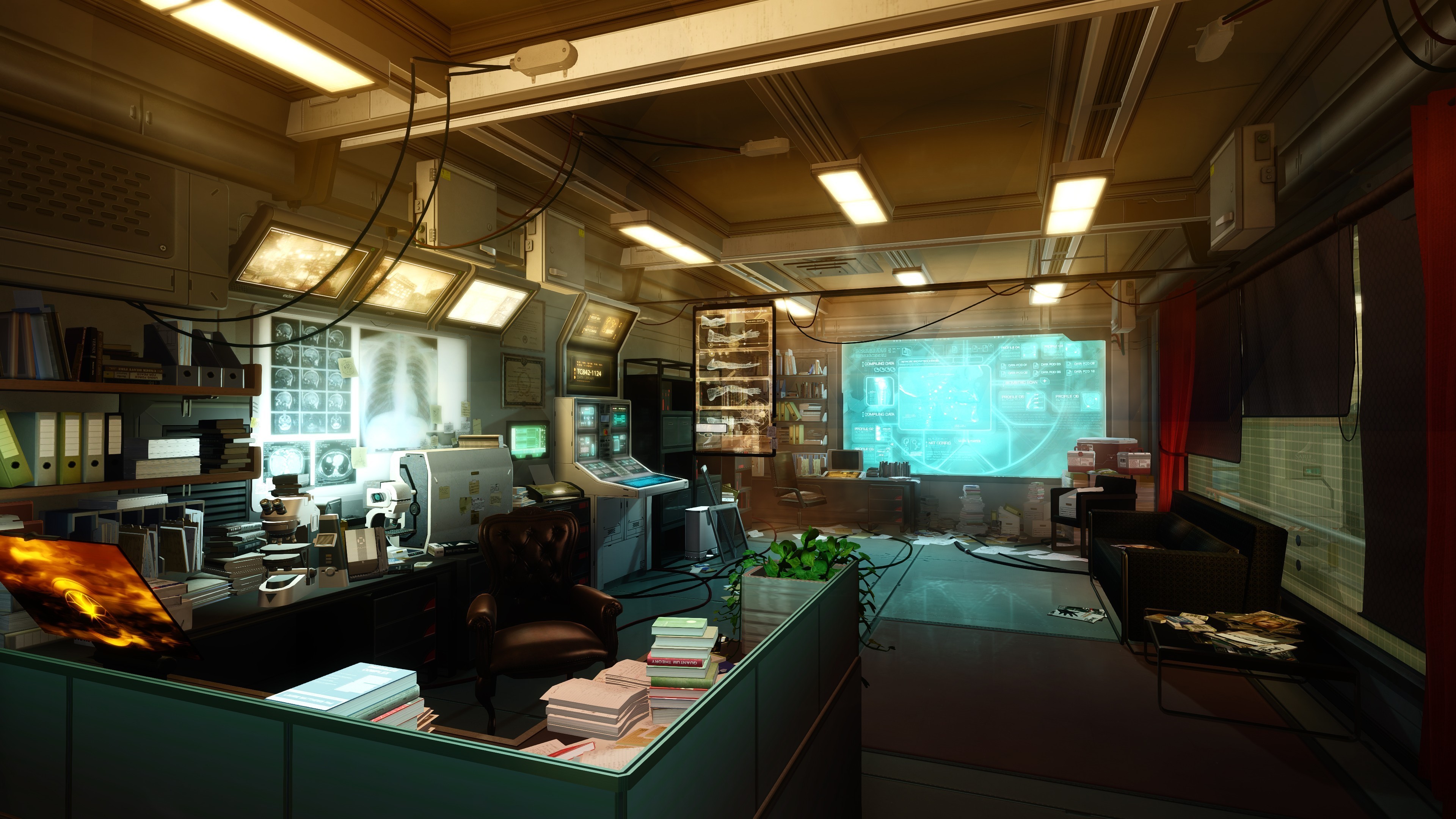 Futuristic office with medical equipment and screens HD Wallpaper