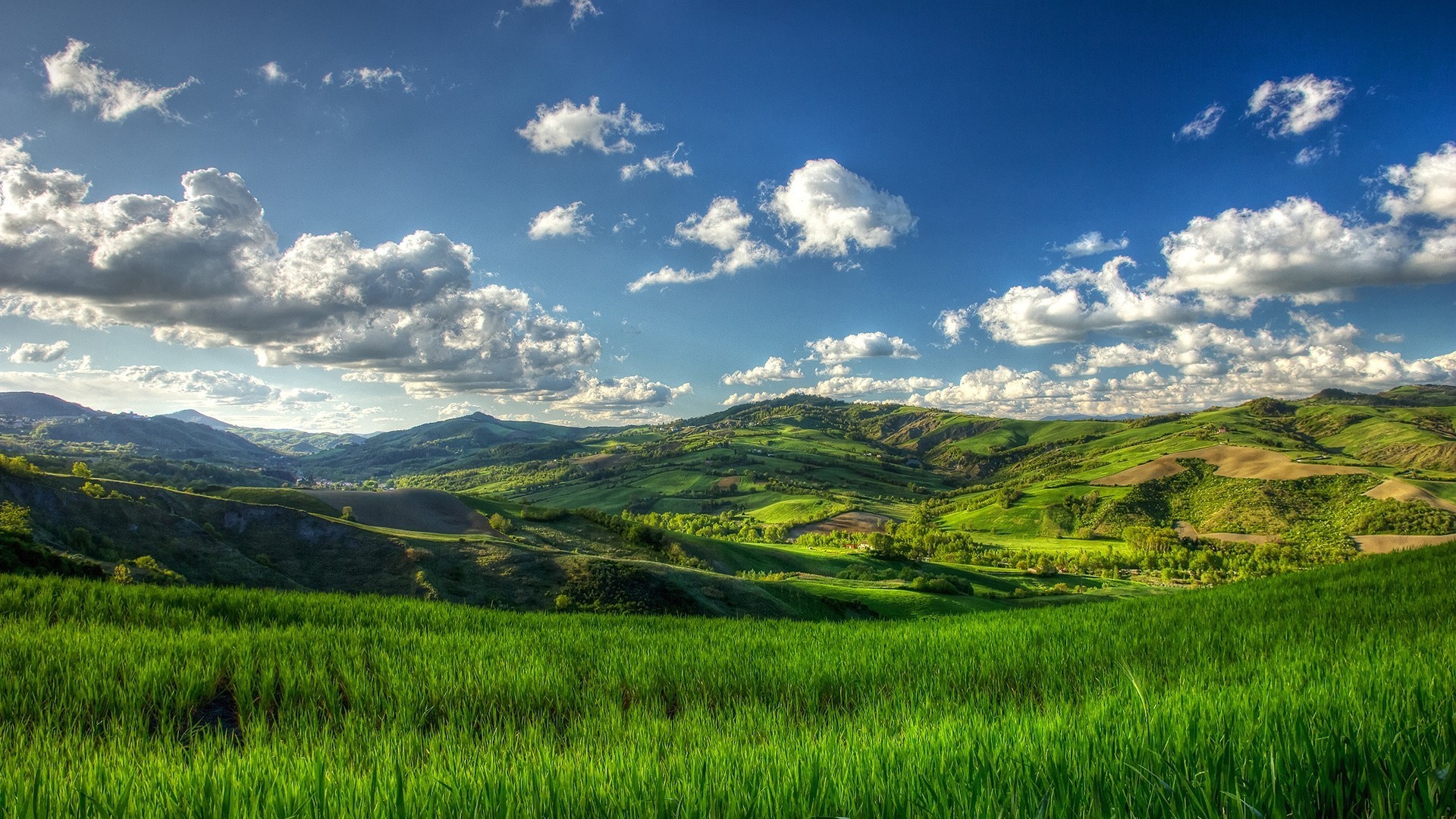 Green rolling hills under a blue sky with clouds HD Wallpaper
