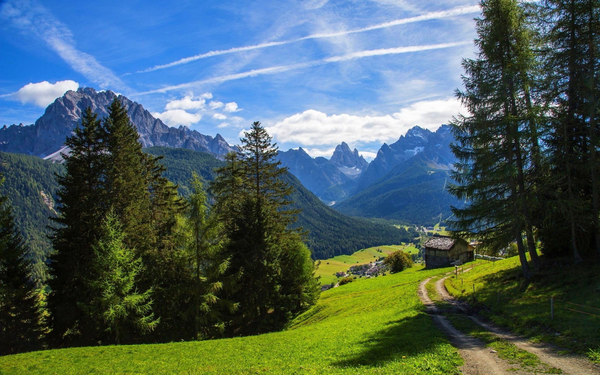 Mountain valley with trees and a hut HD Wallpaper