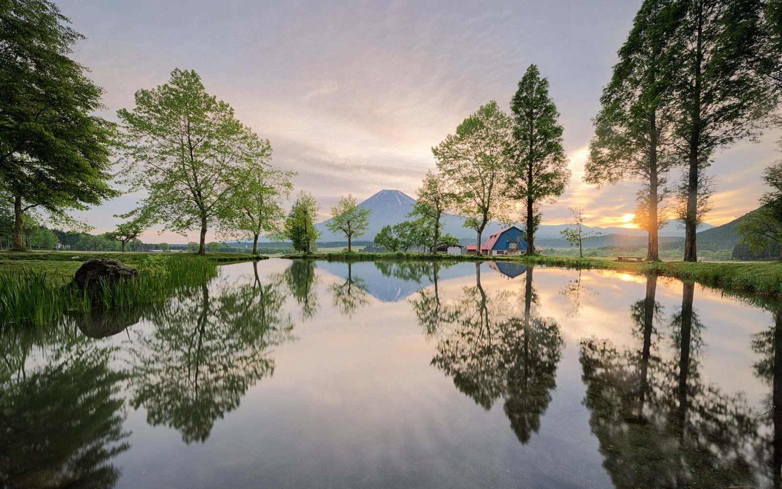 Mount Fuji reflection in a pond at sunrise, Japan HD Wallpaper
