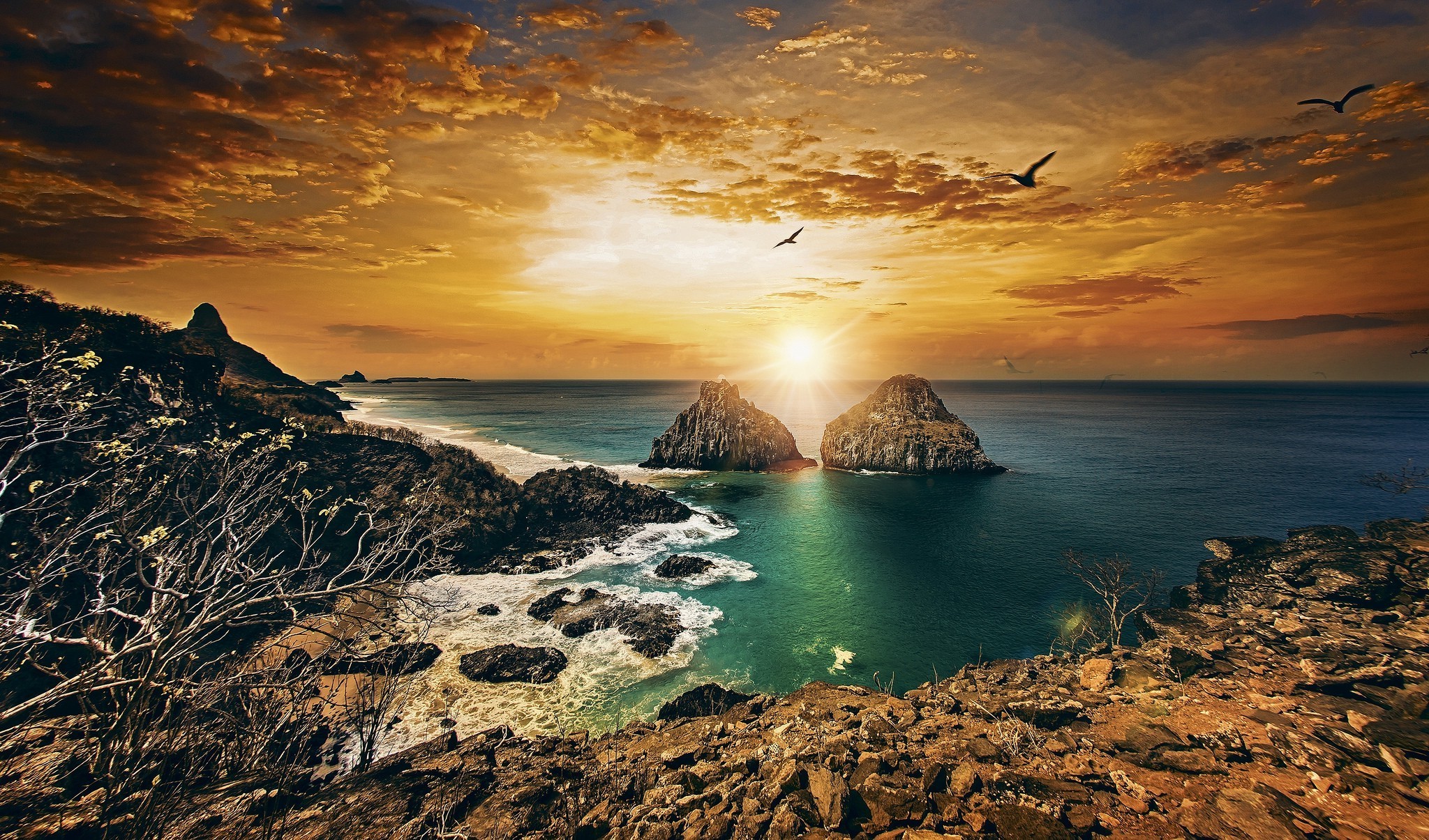 Sunset over the coast of Brazil with rock formations HD Wallpaper